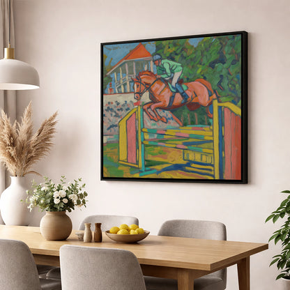 Clearing the Colours show jumping horse wall art displayed in a dining room