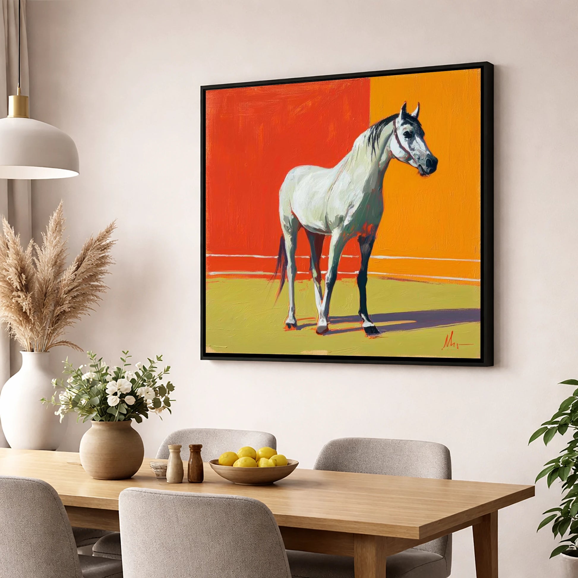 Radiance In Grey horse breed wall art displayed in a dining room