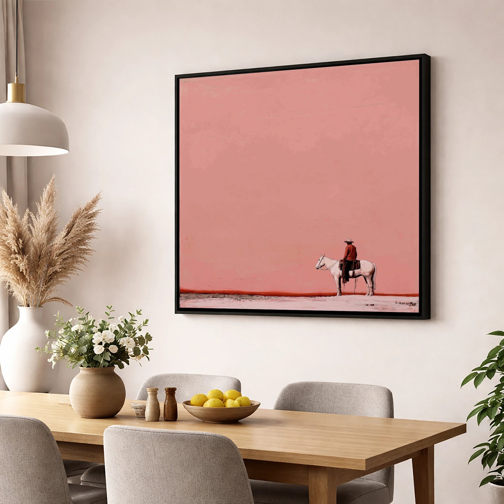 Dusty Rose Horizon western horse wall art displayed in a dining room