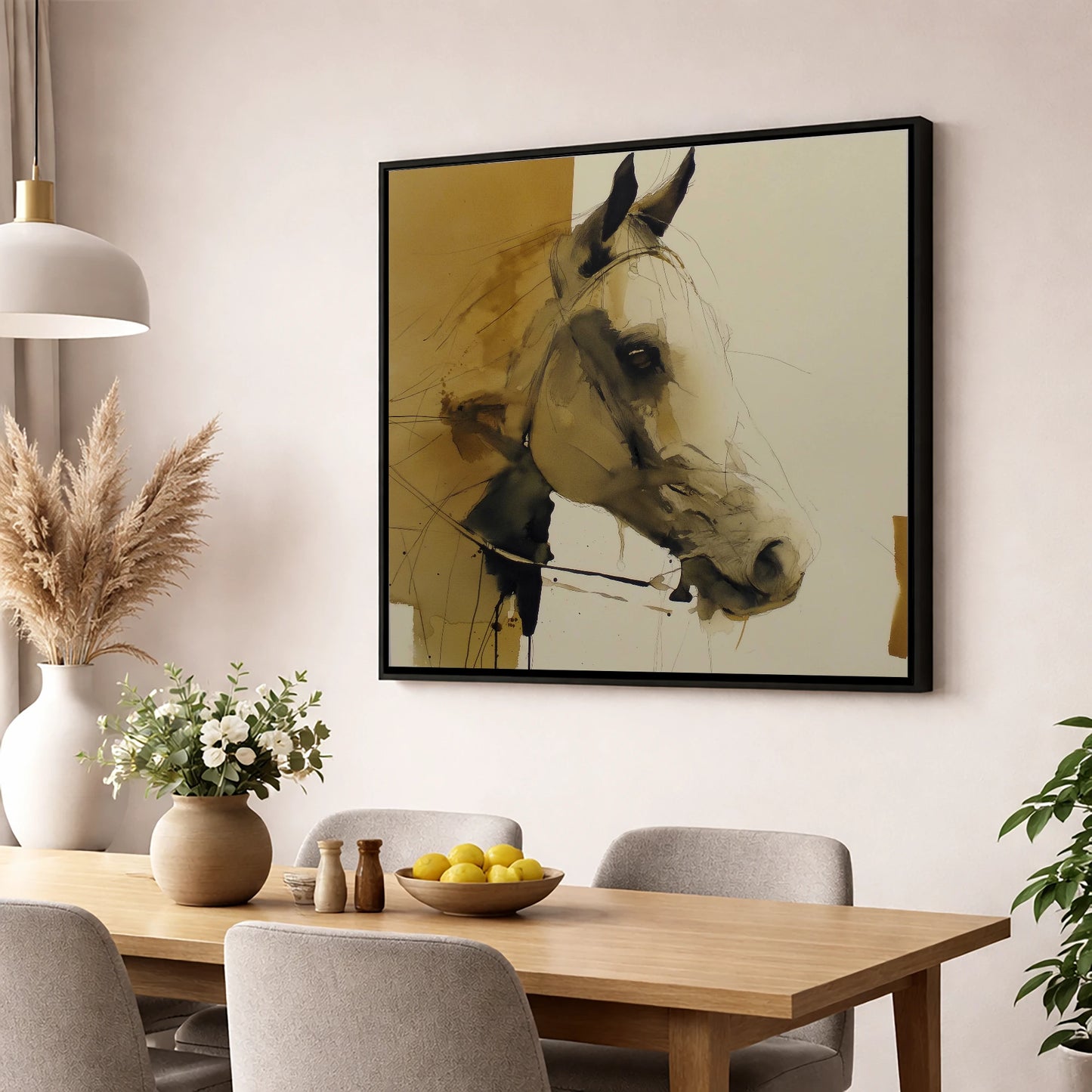 Sepia Wash Profile horse portrait wall art displayed in a dining room