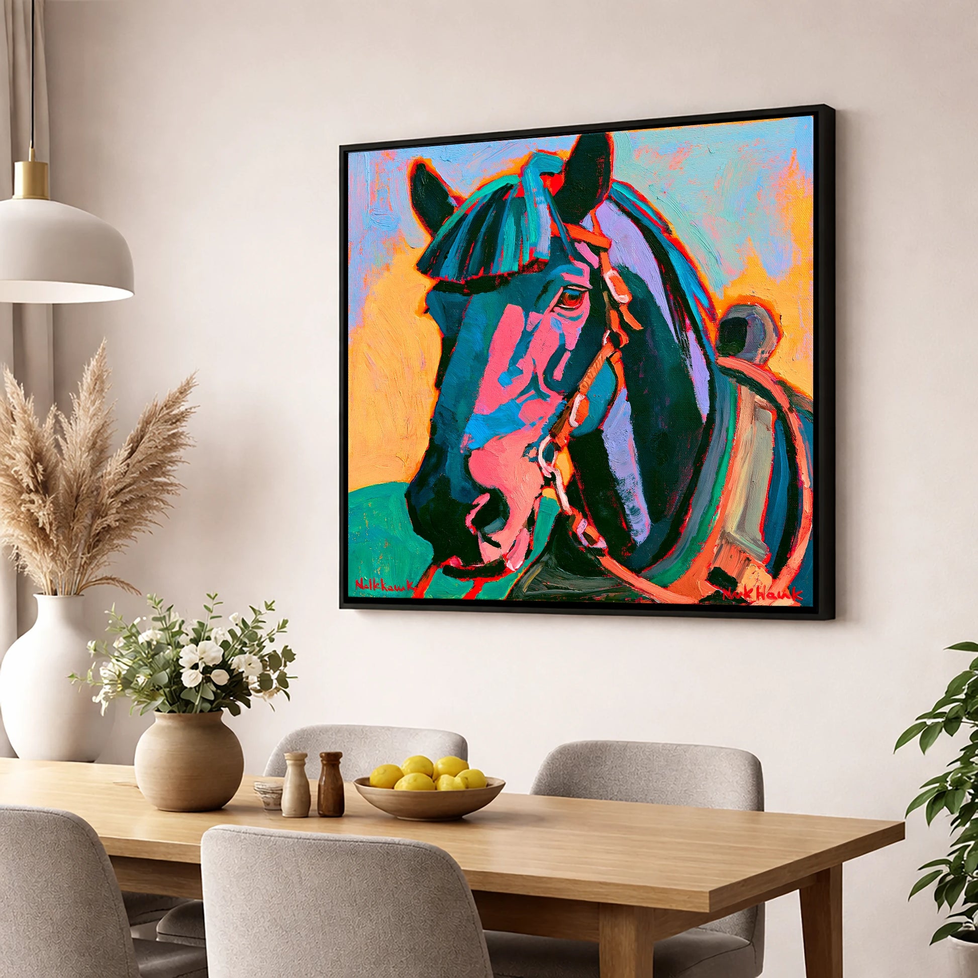 Colourful Expressionist Horse Portrait horse breed wall art displayed in a dining room
