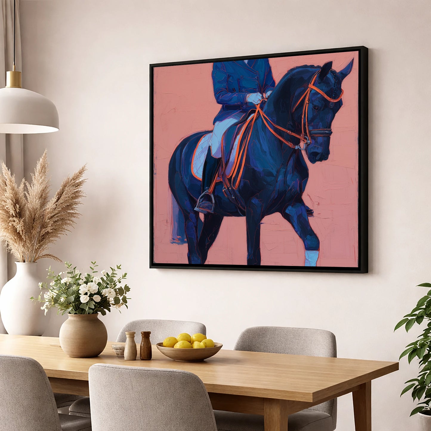 Indigo Dressage Rhythm dressage horse wall art displayed in a dining room