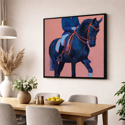 Indigo Dressage Rhythm dressage horse wall art displayed in a dining room