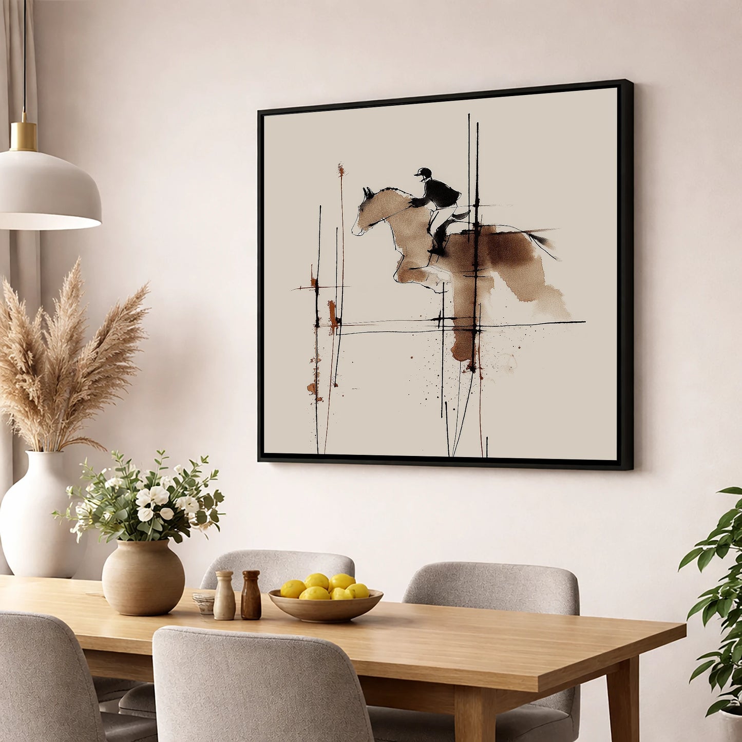 The Instant of Ascent show jumping horse wall art displayed in a dining room