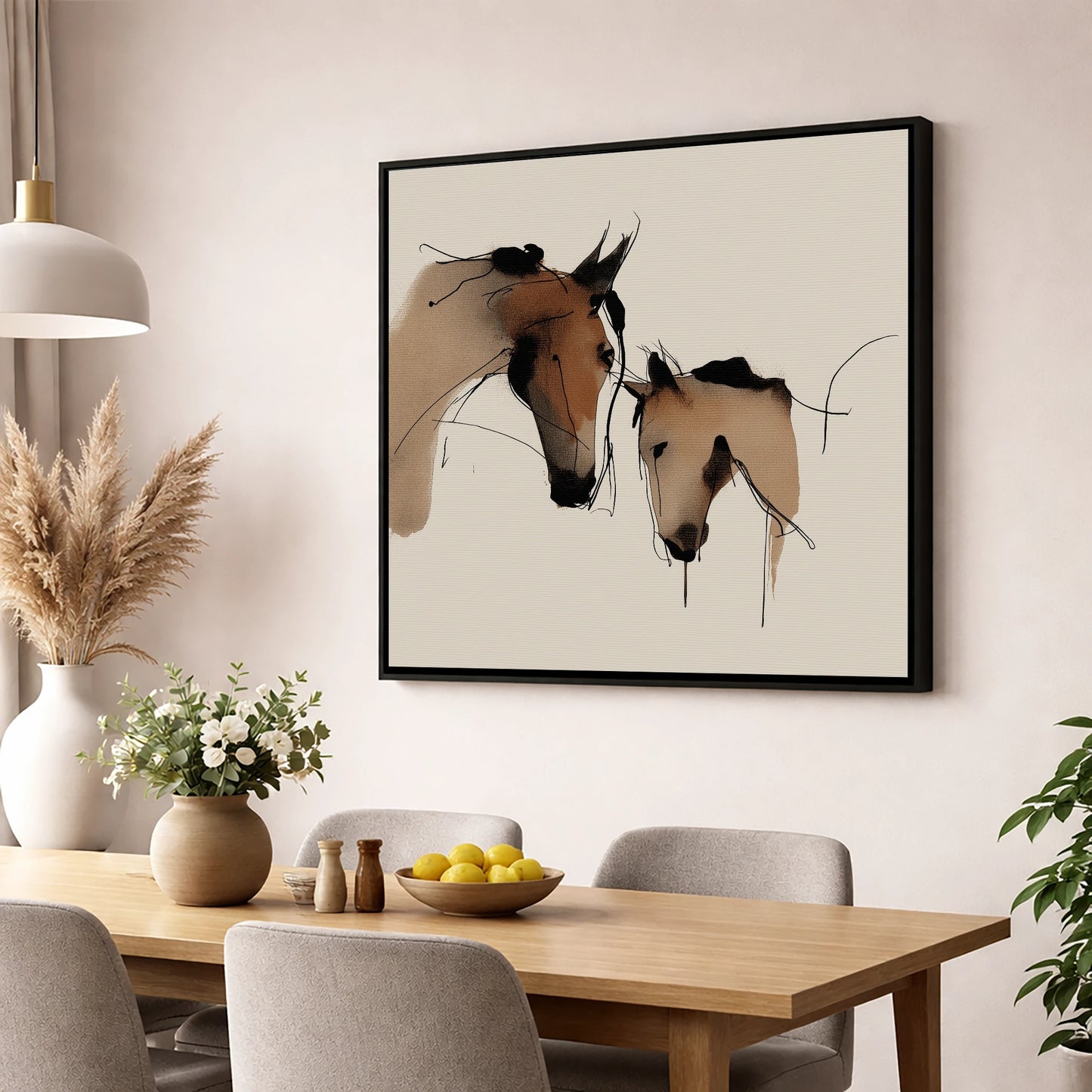 Gentle Kinship mare & foal wall art displayed in a dining room