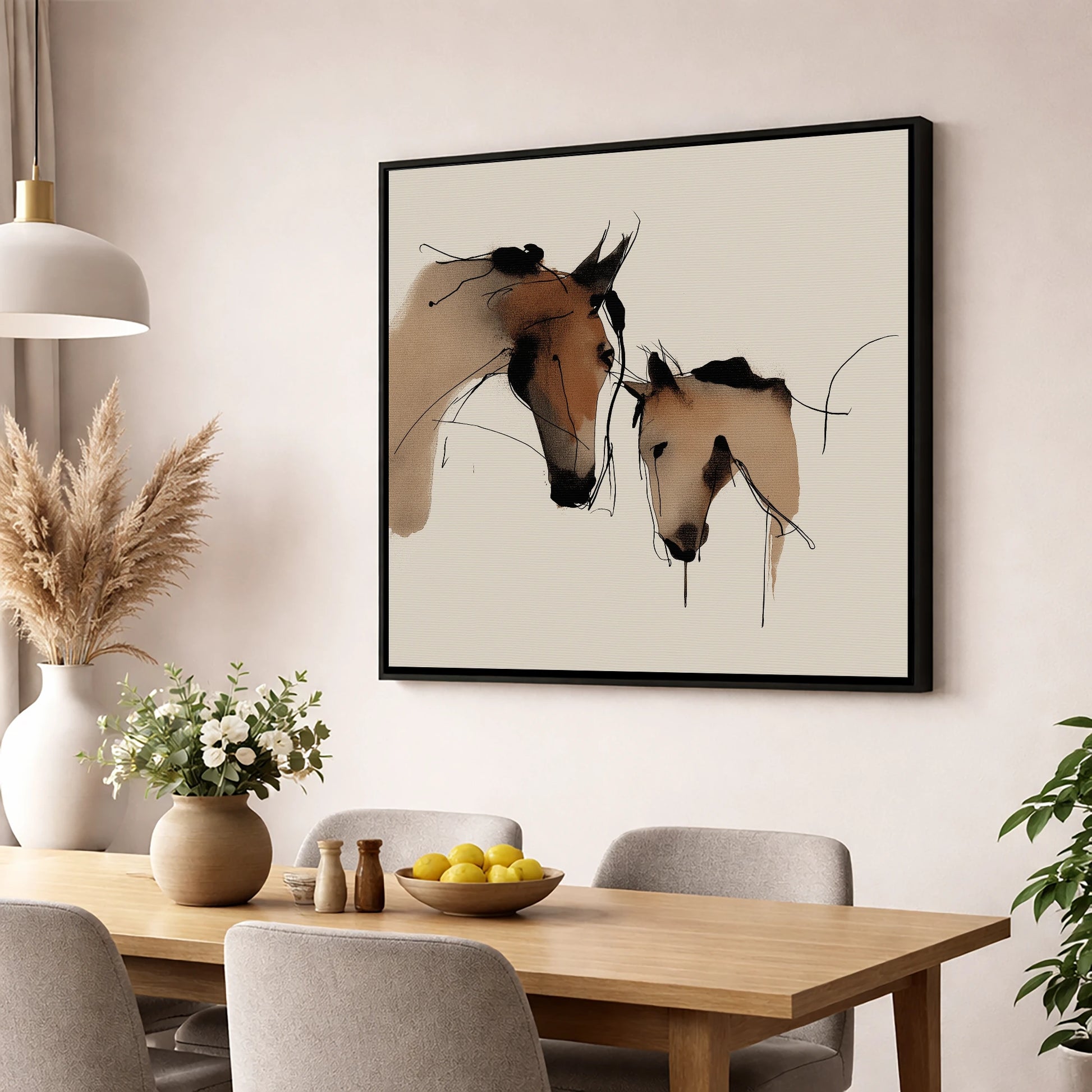 Gentle Kinship mare & foal wall art displayed in a dining room