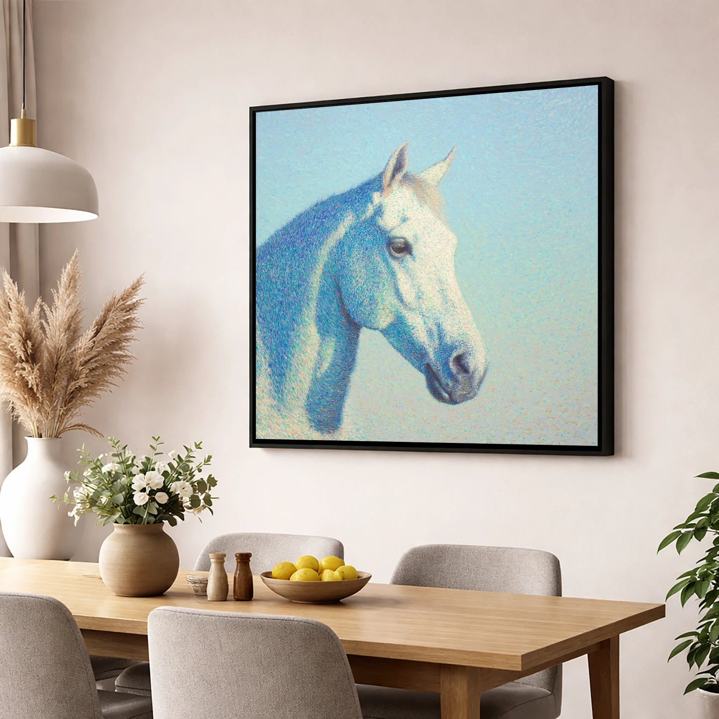 Ethereal Grey Portrait horse portrait wall art displayed in a dining room
