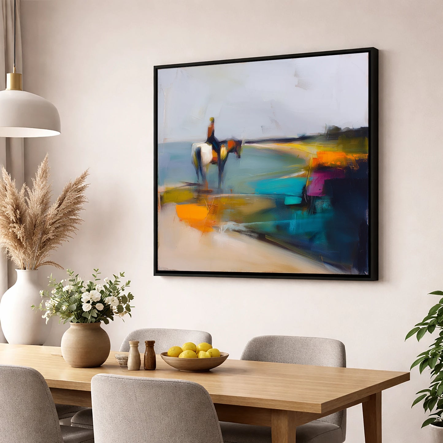 Vivid Shoreline beach horse wall art displayed in a dining room