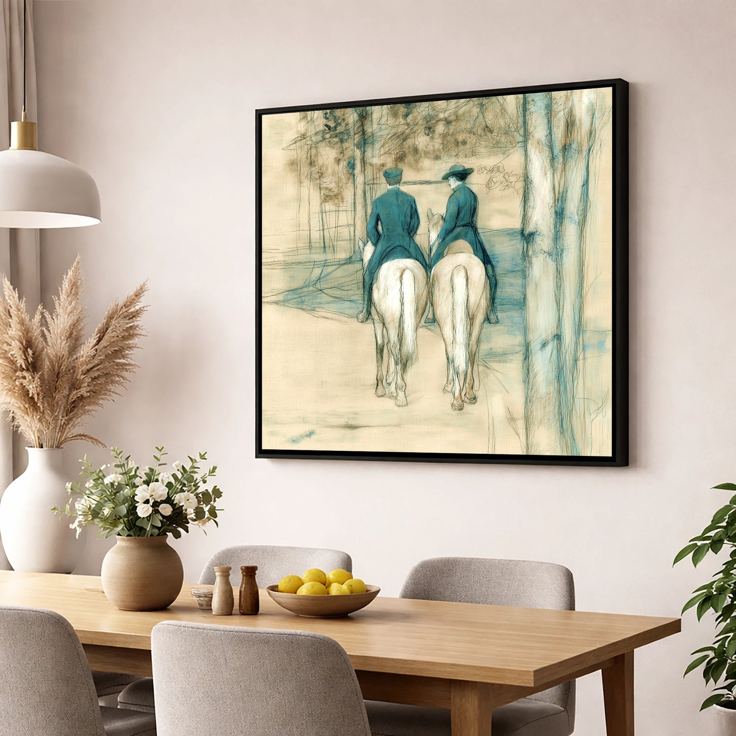 The Woodland Hack horse & rider wall art displayed in a dining room