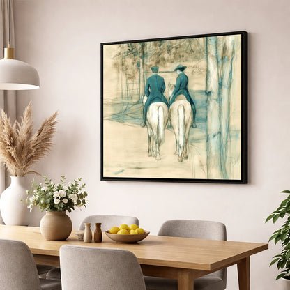 The Woodland Hack horse & rider wall art displayed in a dining room