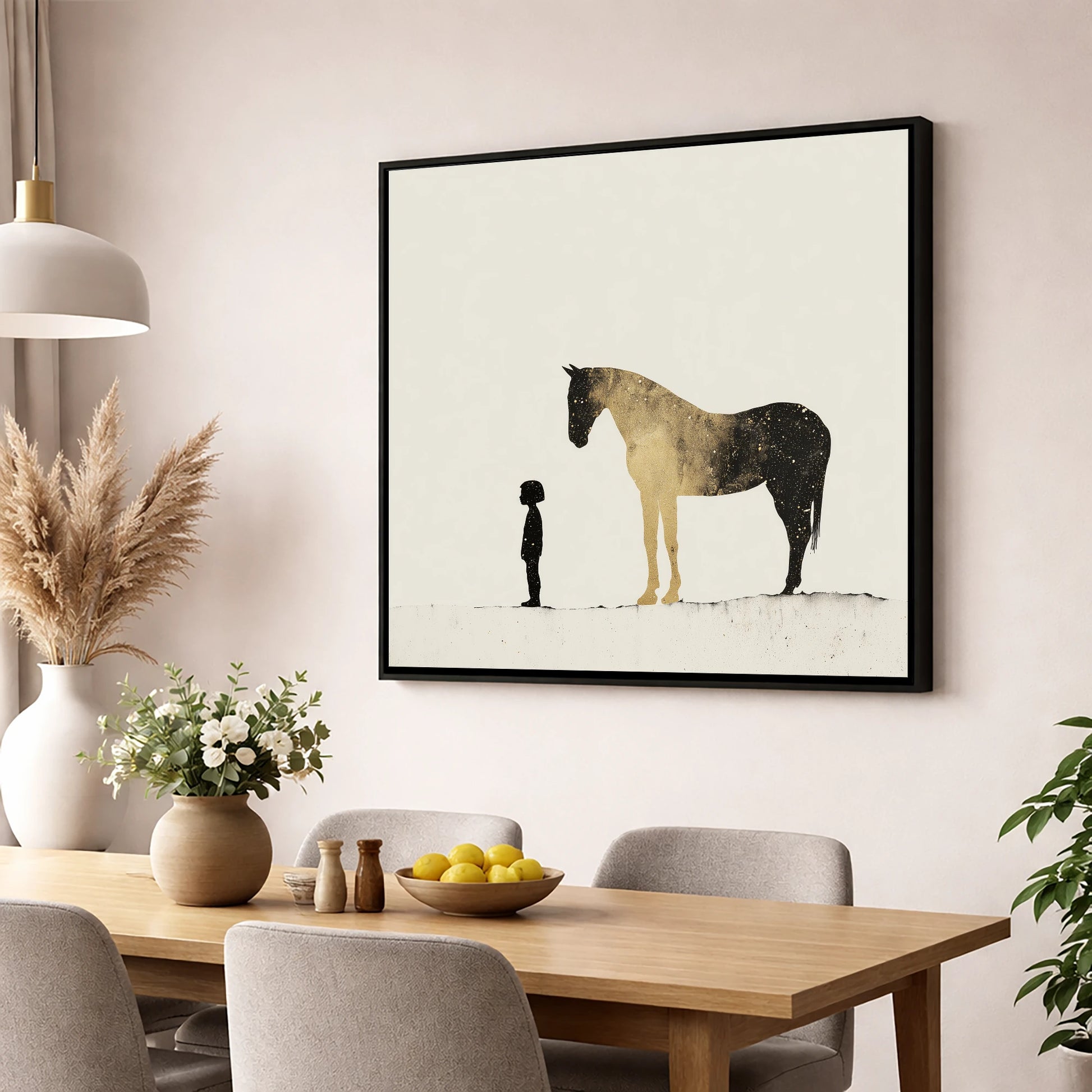 Celestial Bond horse & rider wall art displayed in a dining room
