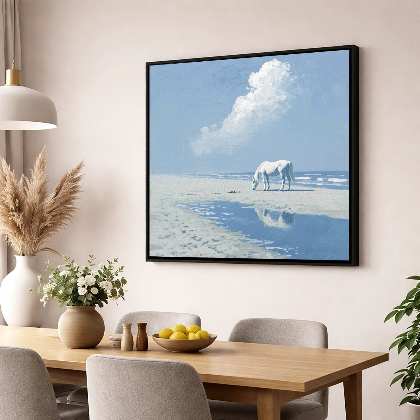 Azure Shore Solitude horse landscape wall art displayed in a dining room