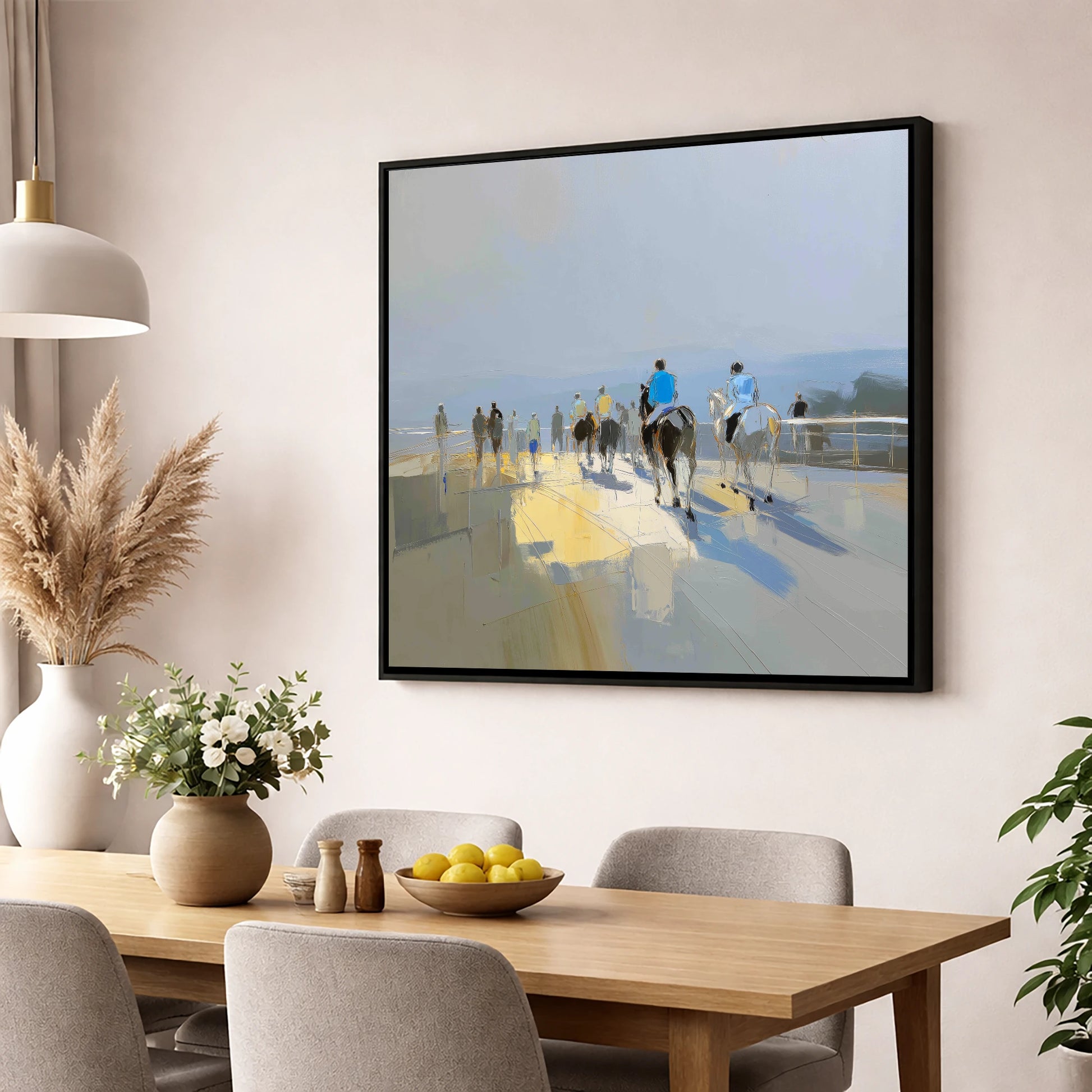 Heading to the Start racing horse wall art displayed in a dining room