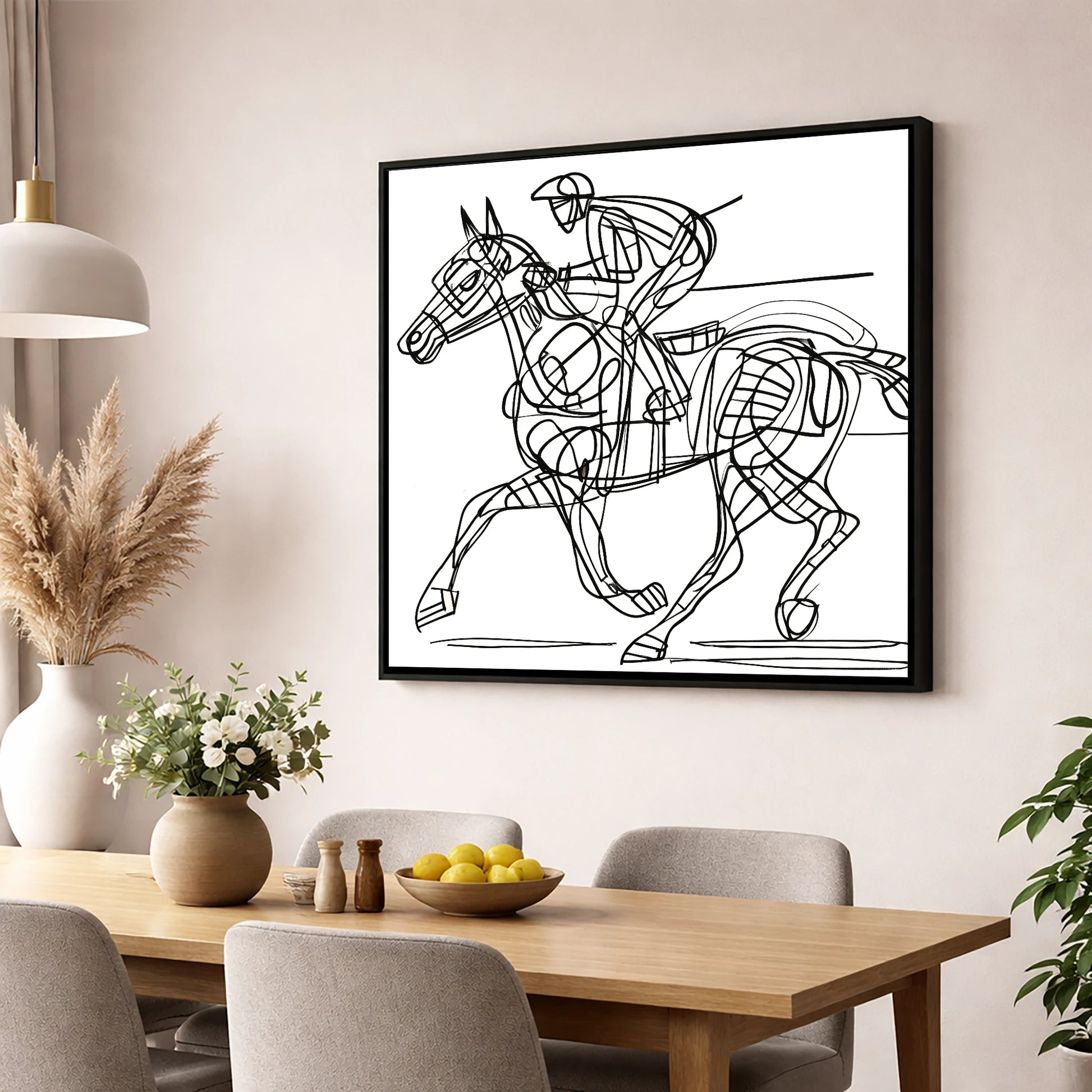 Linear Racing Form racing horse wall art displayed in a dining room