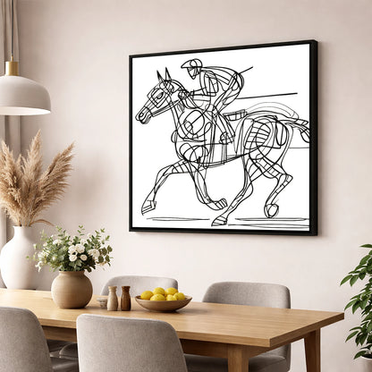 Linear Racing Form racing horse wall art displayed in a dining room