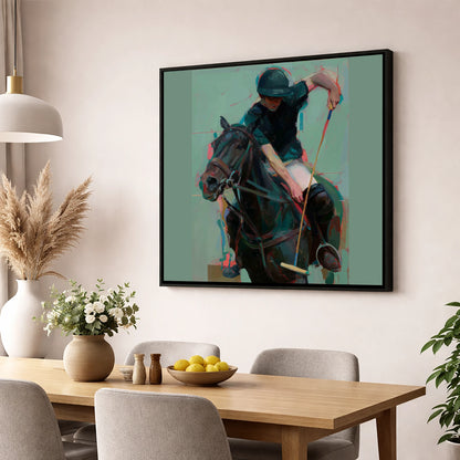 The Decisive Swing polo horse wall art displayed in a dining room