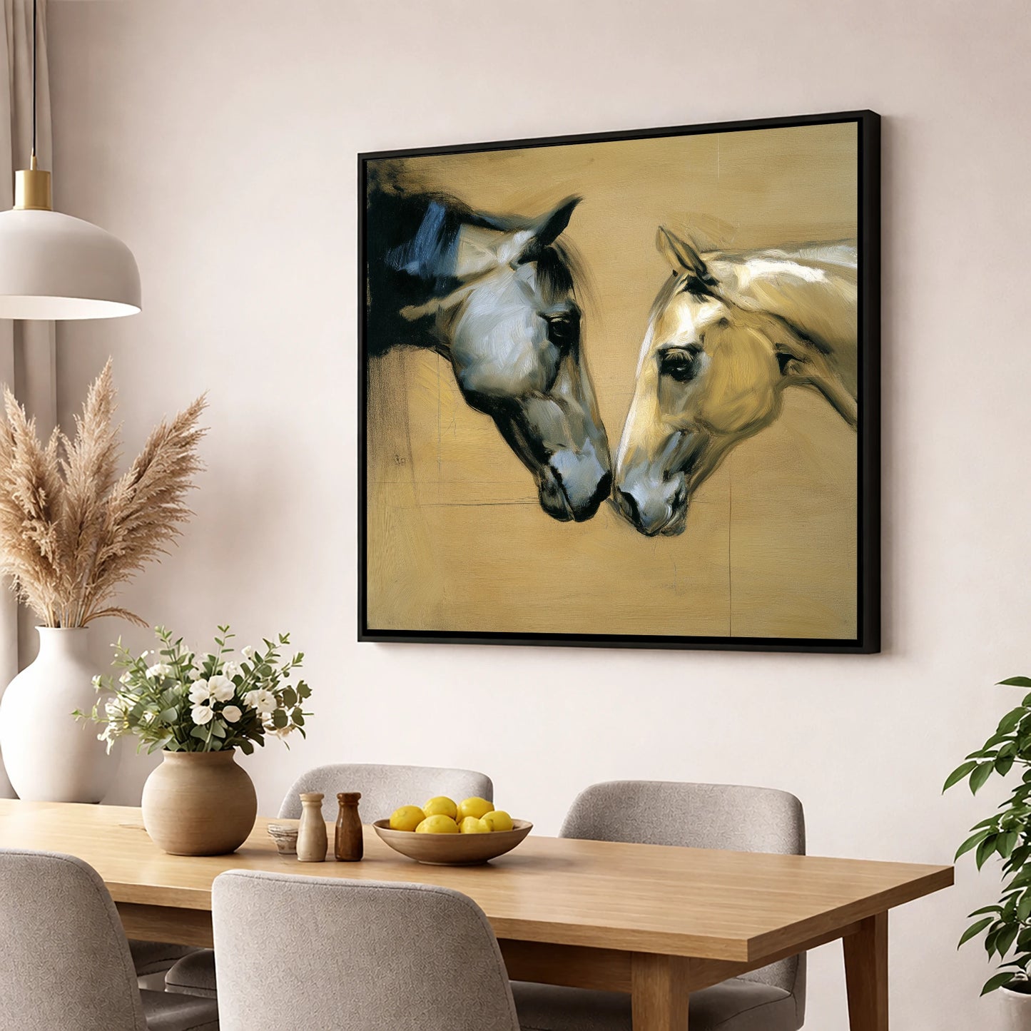 A Gentle Meeting horse portrait wall art displayed in a dining room