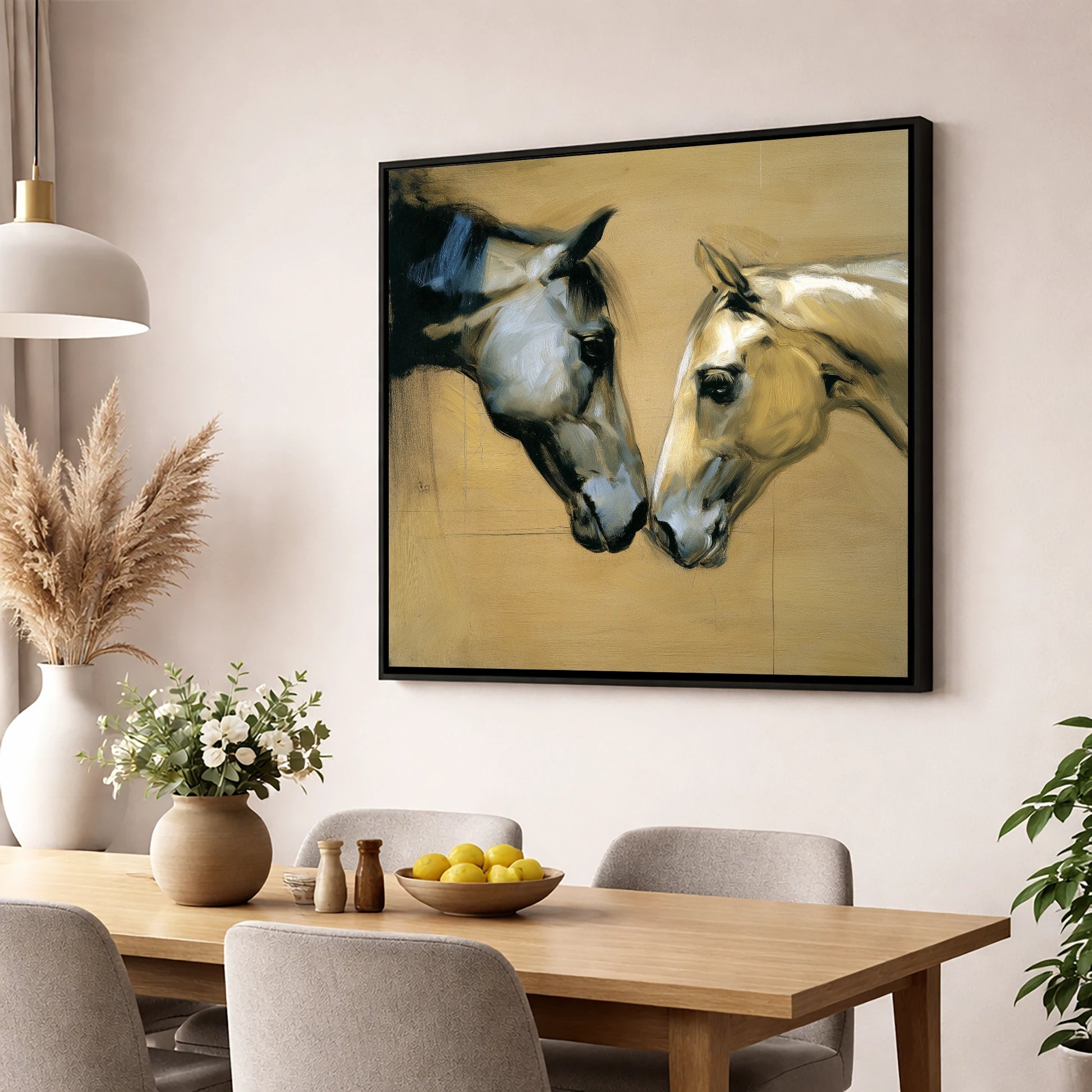 A Gentle Meeting horse portrait wall art displayed in a dining room