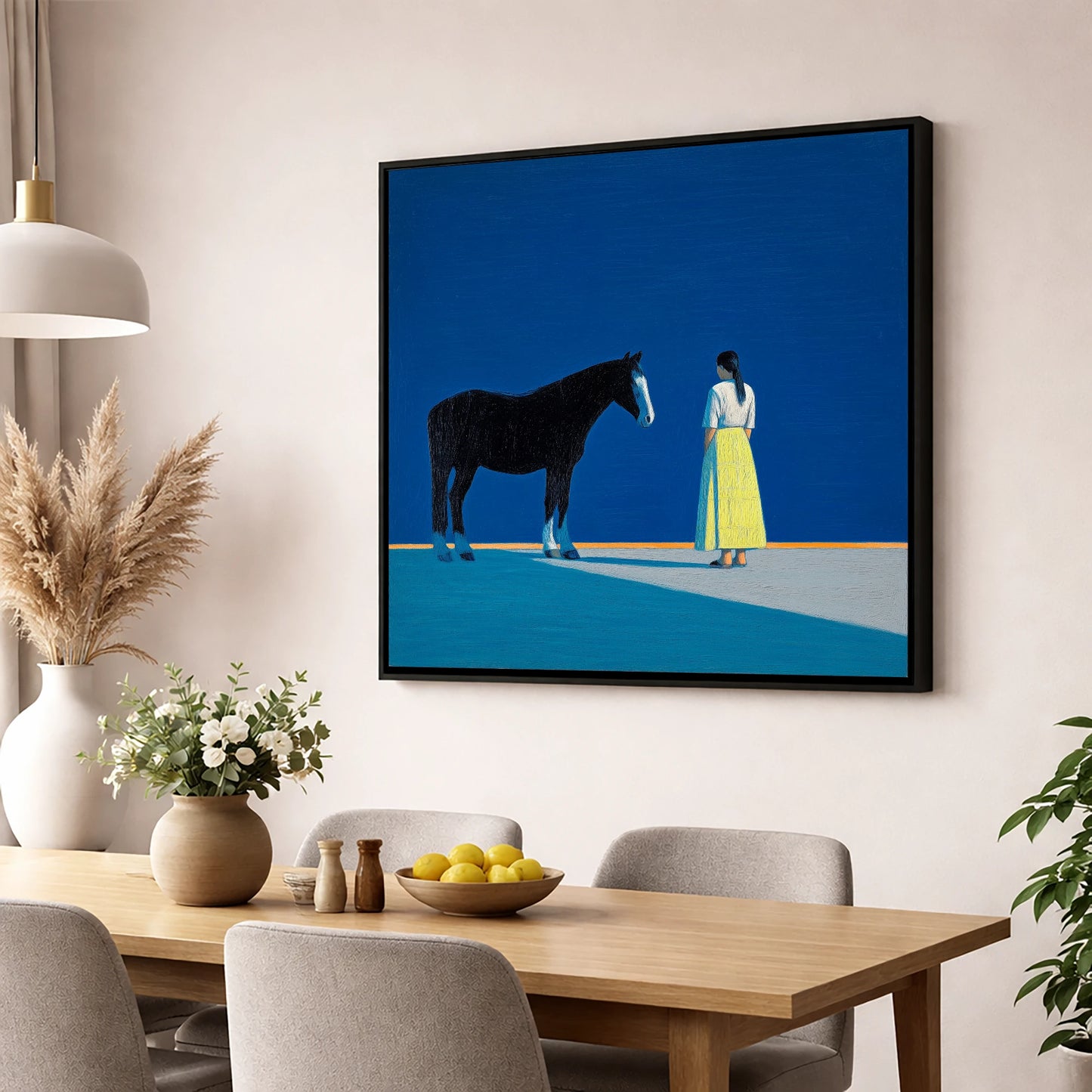 The Meeting Place horse & rider wall art displayed in a dining room
