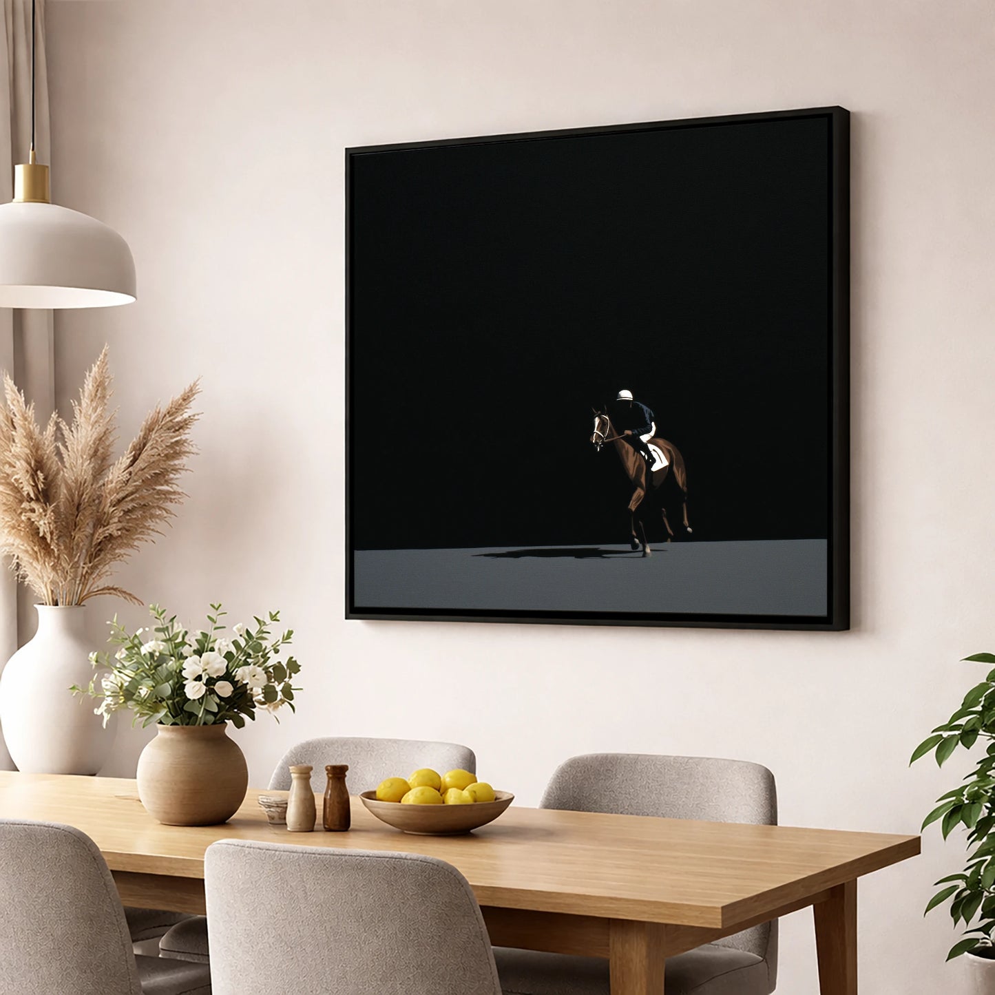 Out of the Shadows racing horse wall art displayed in a dining room