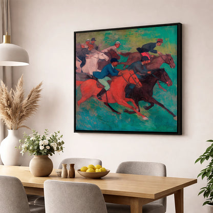 The Crimson Stride racing horse wall art displayed in a dining room