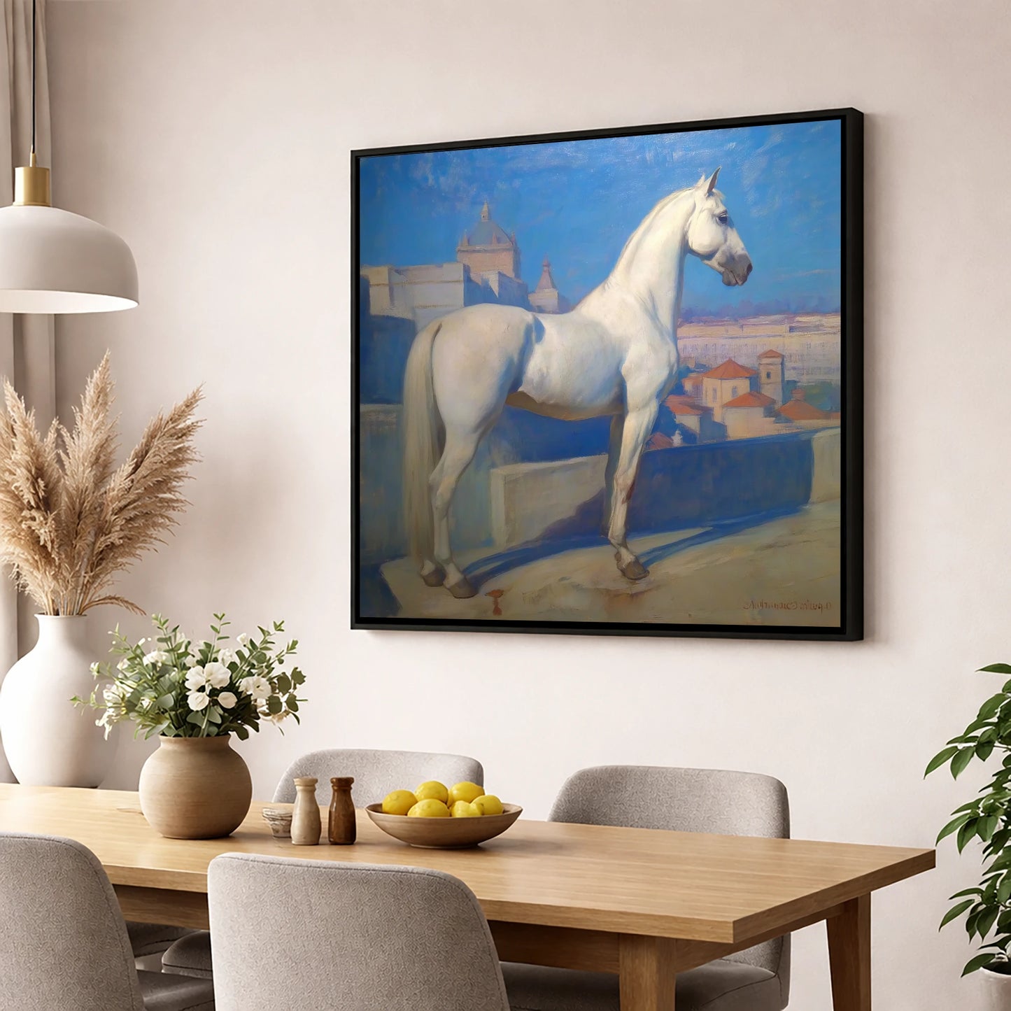 The Classical Grey horse breed wall art displayed in a dining room