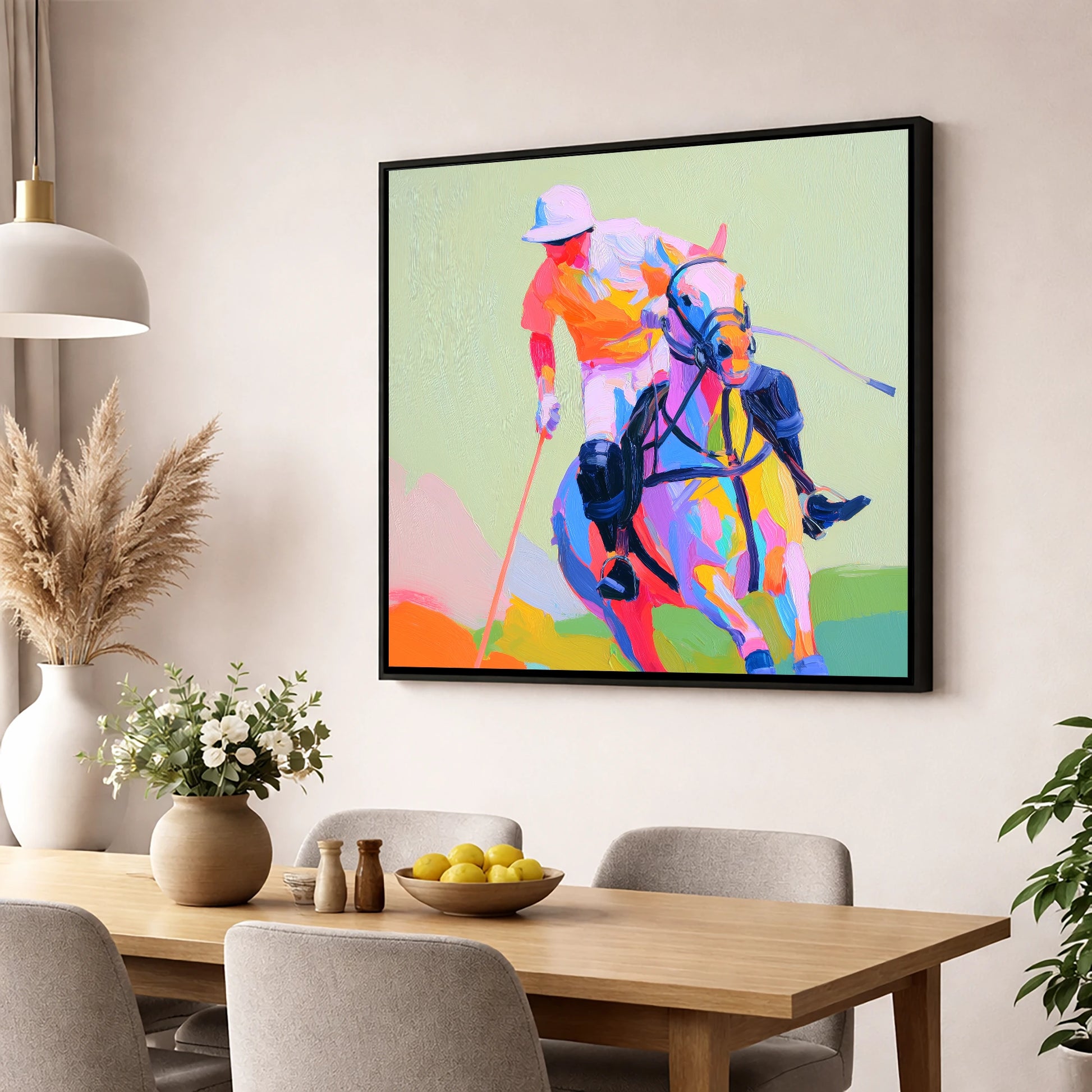 Technicolour Drive polo horse wall art displayed in a dining room