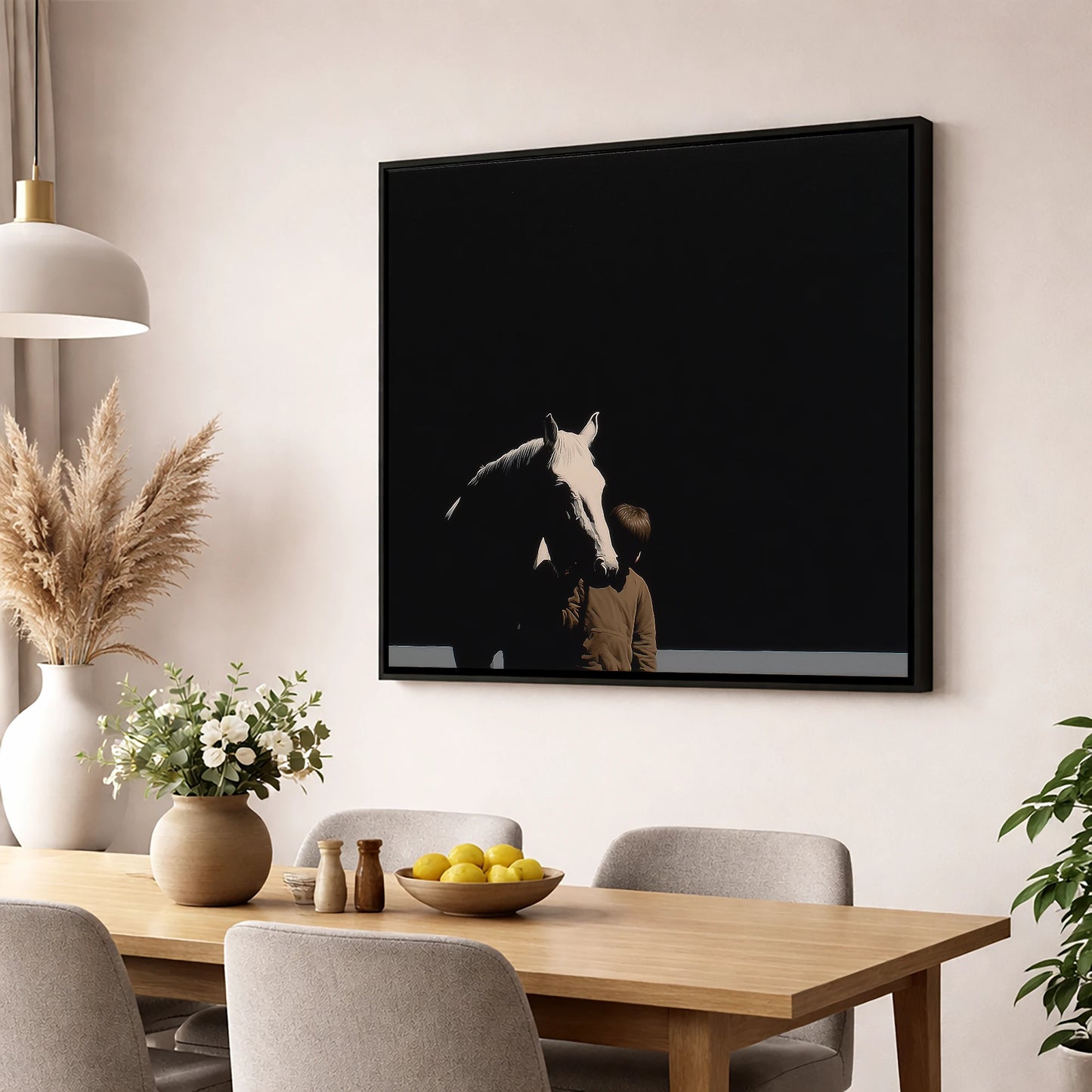 The Silent Bond horse & rider wall art displayed in a dining room