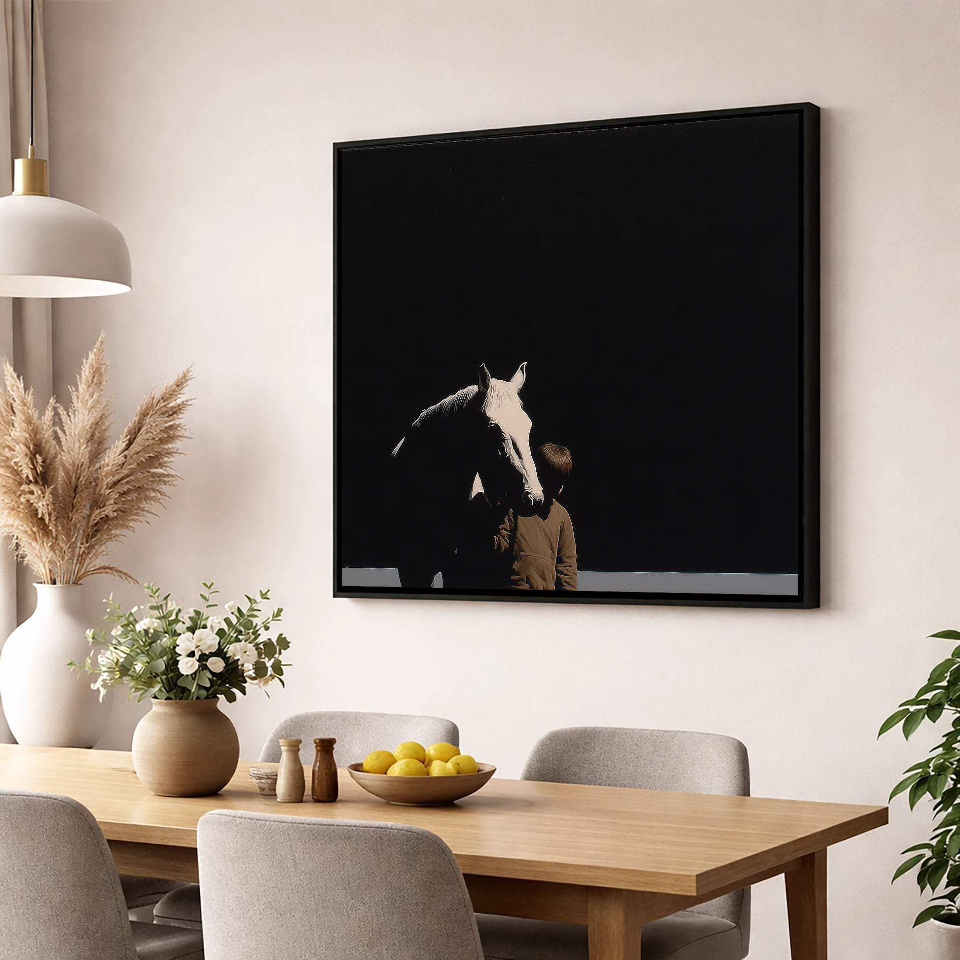 The Silent Bond horse & rider wall art displayed in a dining room