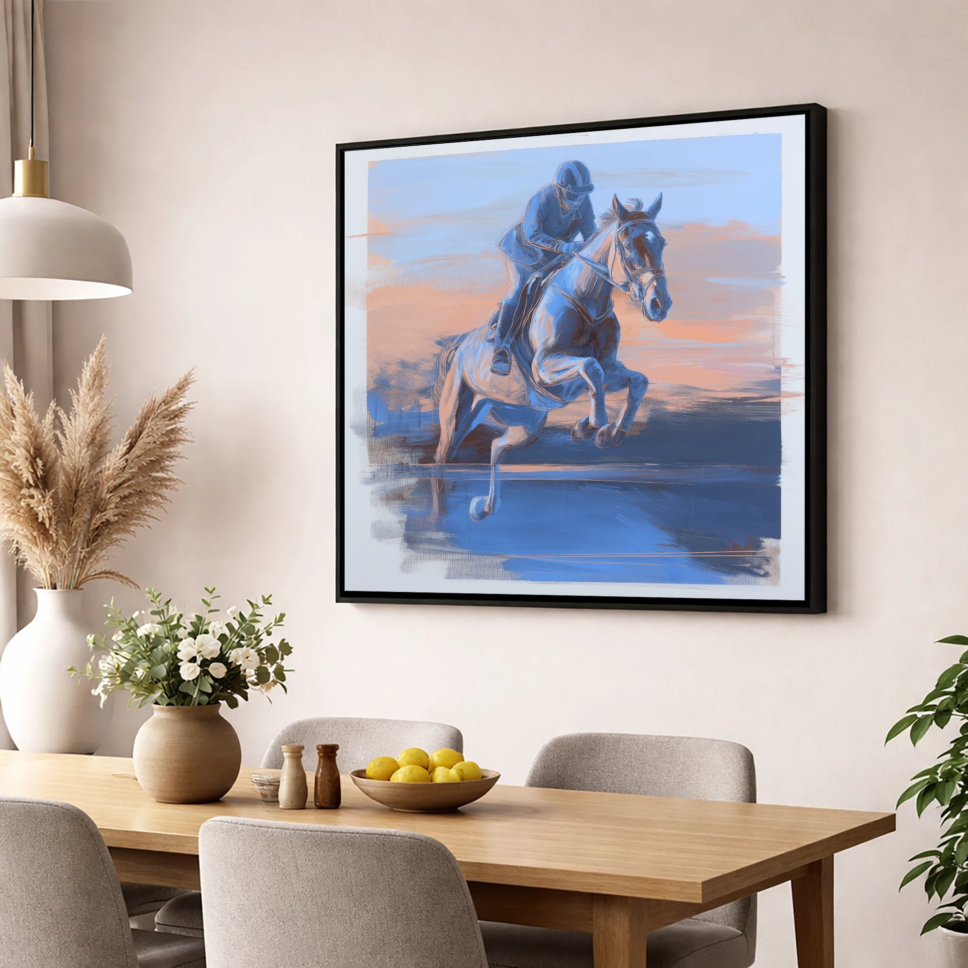 Cobalt Flight show jumping horse wall art displayed in a dining room