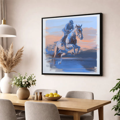 Cobalt Flight show jumping horse wall art displayed in a dining room