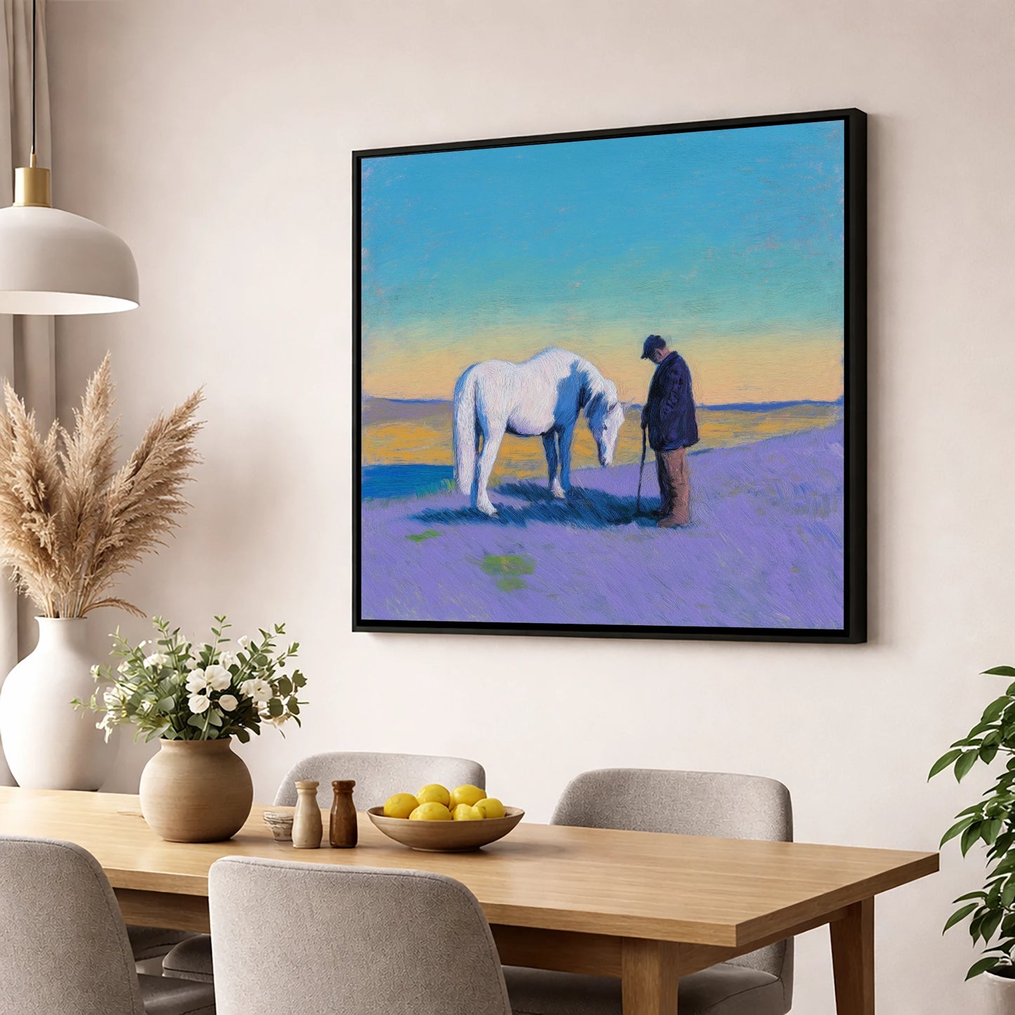 The Silent Bond horse & rider wall art displayed in a dining room