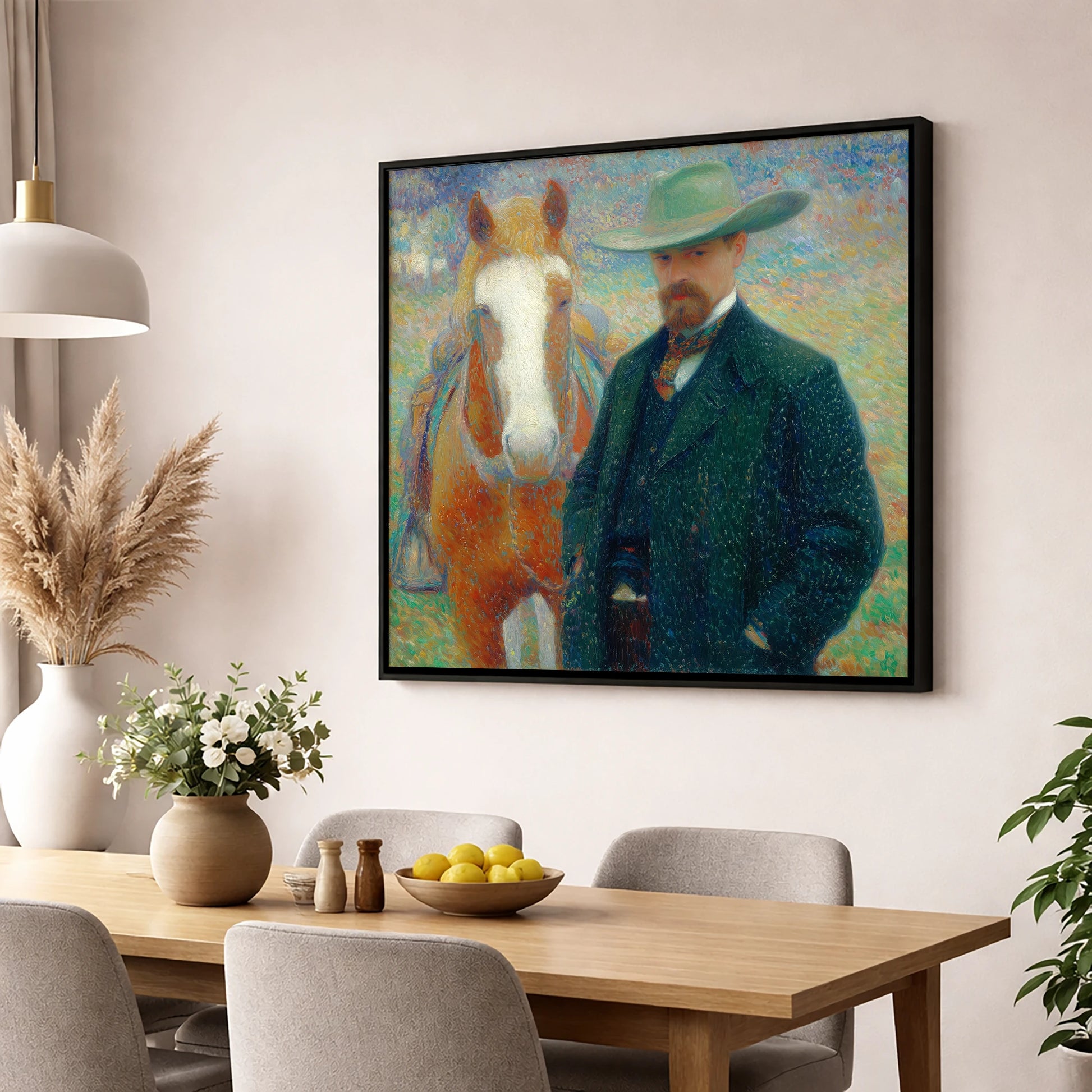The Western Horseman western horse wall art displayed in a dining room