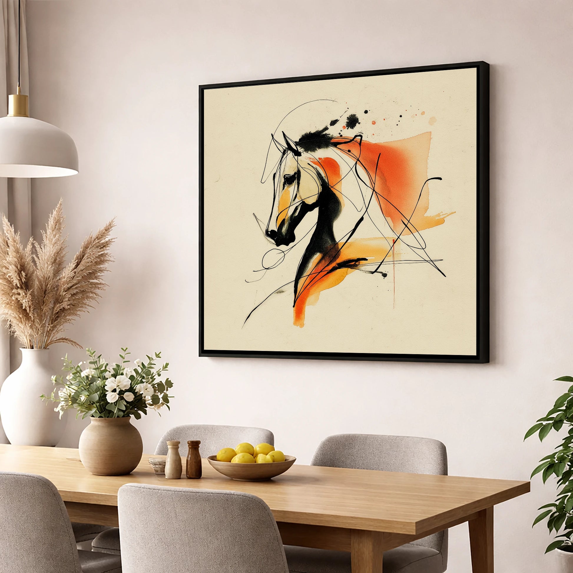 Dynamic Amber Silhouette horse breed wall art displayed in a dining room