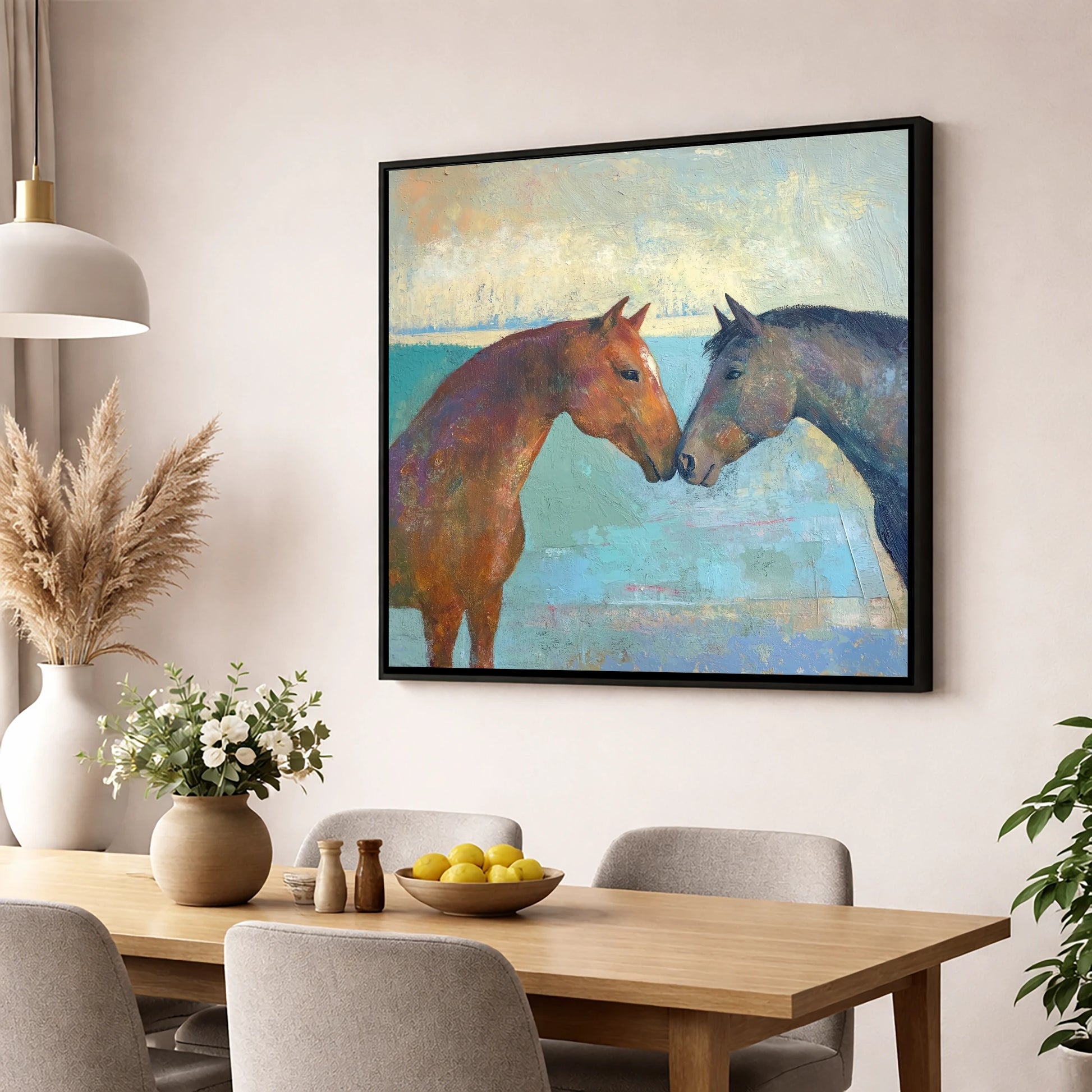 Kindred Spirits horse portrait wall art displayed in a dining room