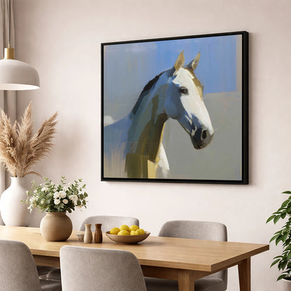 Sunlit Slate Grey horse portrait wall art displayed in a dining room