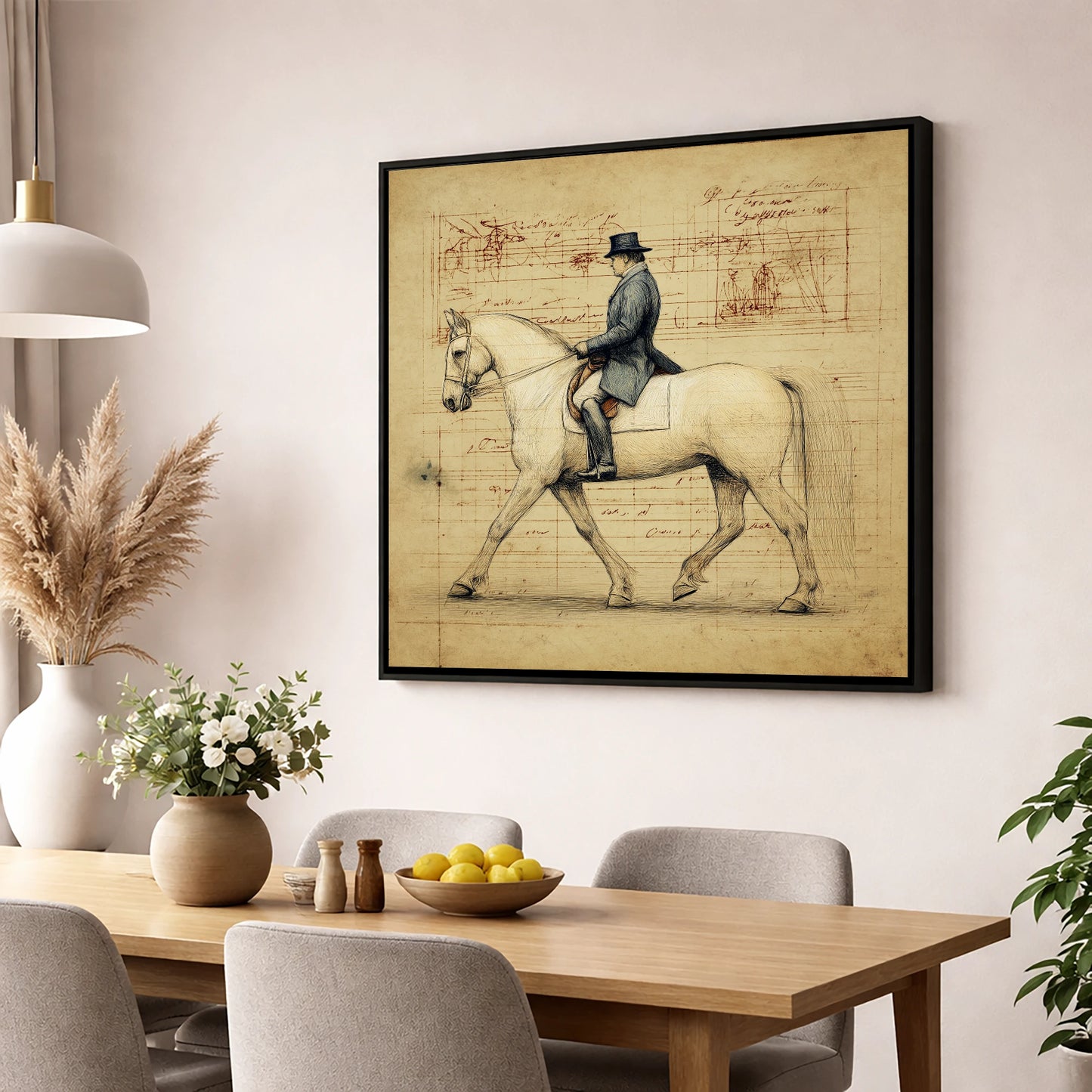 The Master's Study dressage horse wall art displayed in a dining room