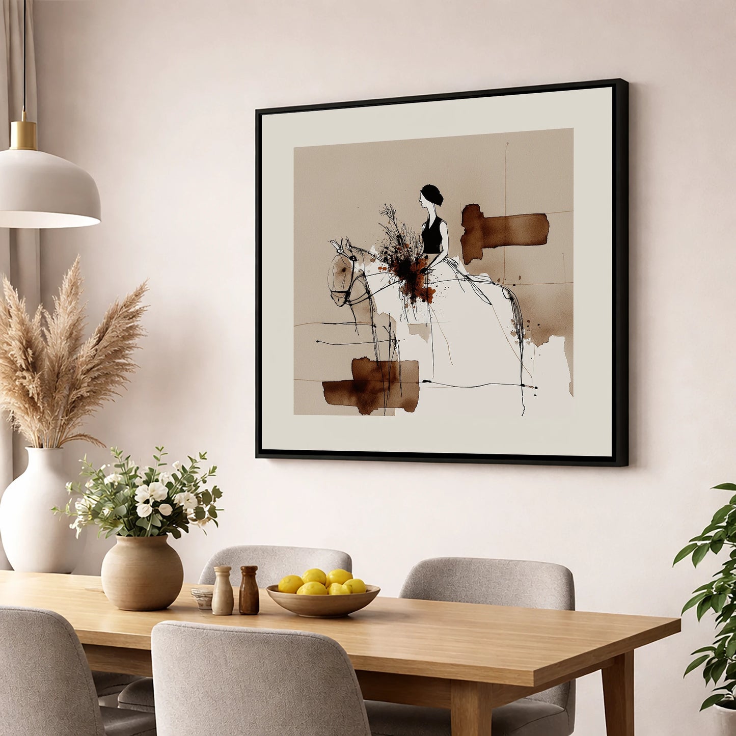 Graceful Partnership horse & rider wall art displayed in a dining room