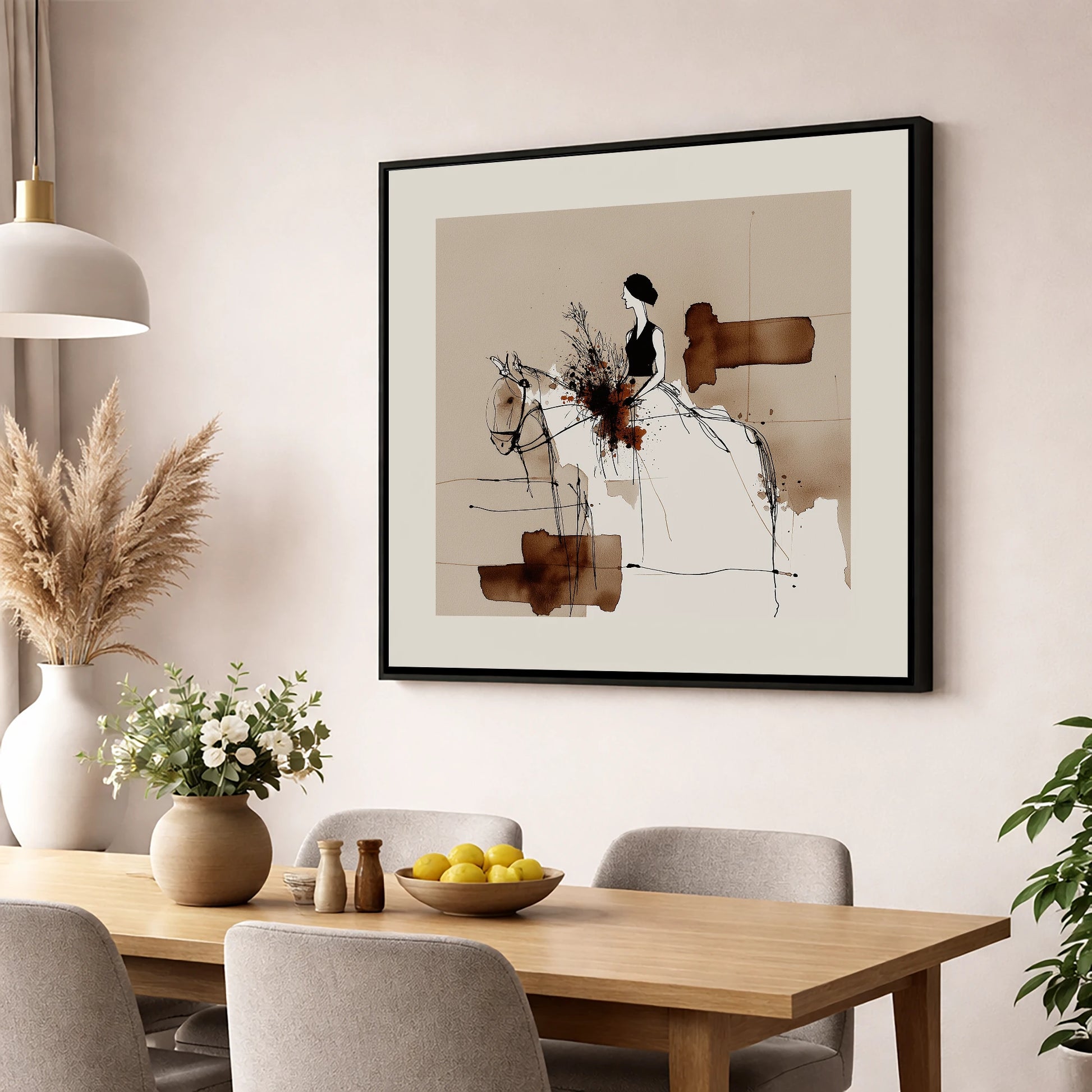 Graceful Partnership horse & rider wall art displayed in a dining room