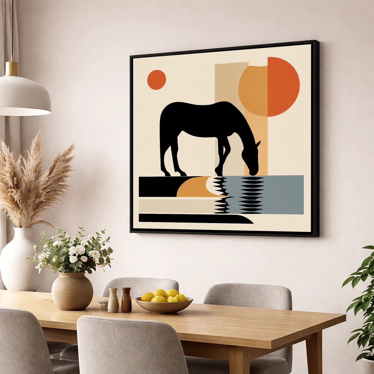 Abstract Oasis Silhouette horse landscape wall art displayed in a dining room