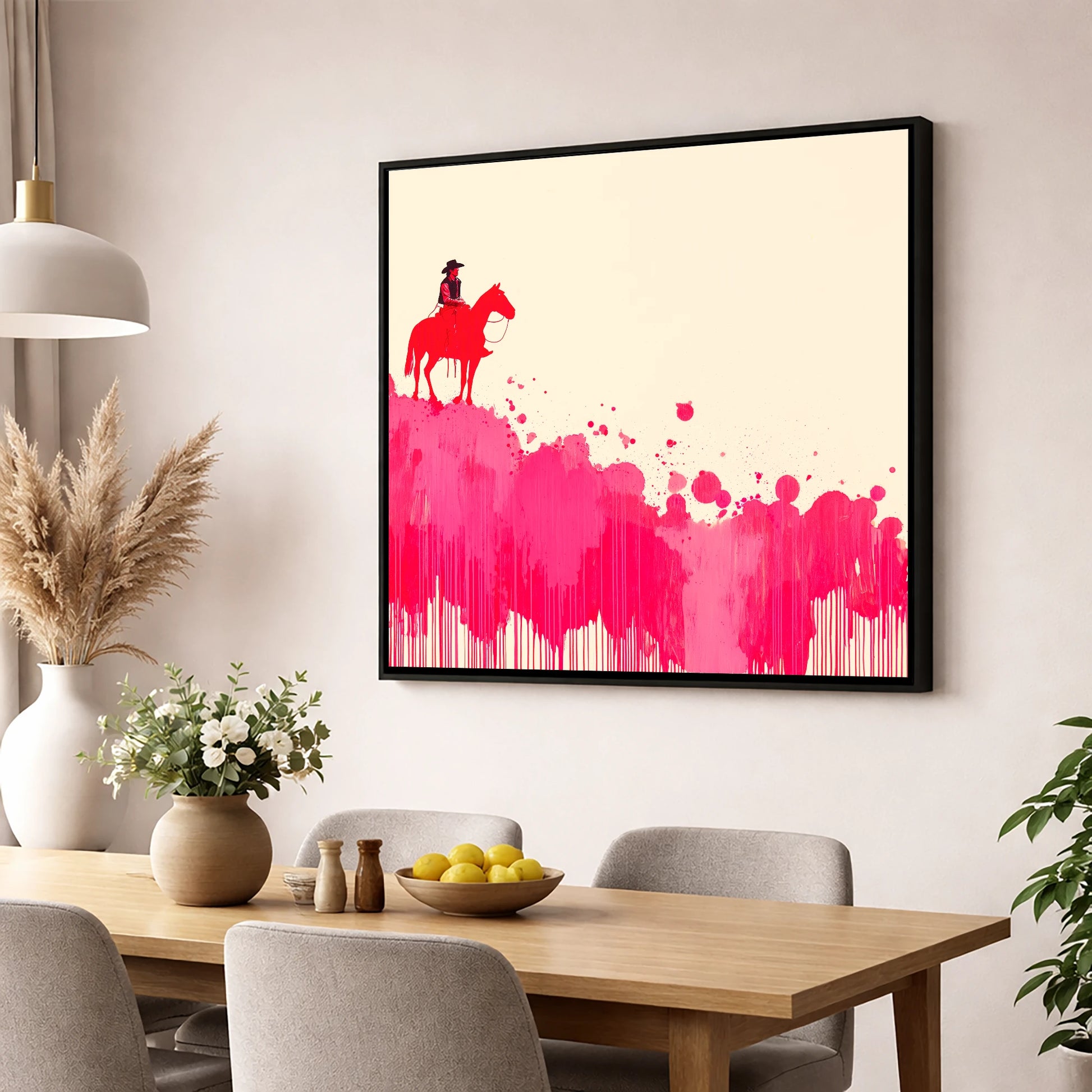 Magenta Maverick western horse wall art displayed in a dining room
