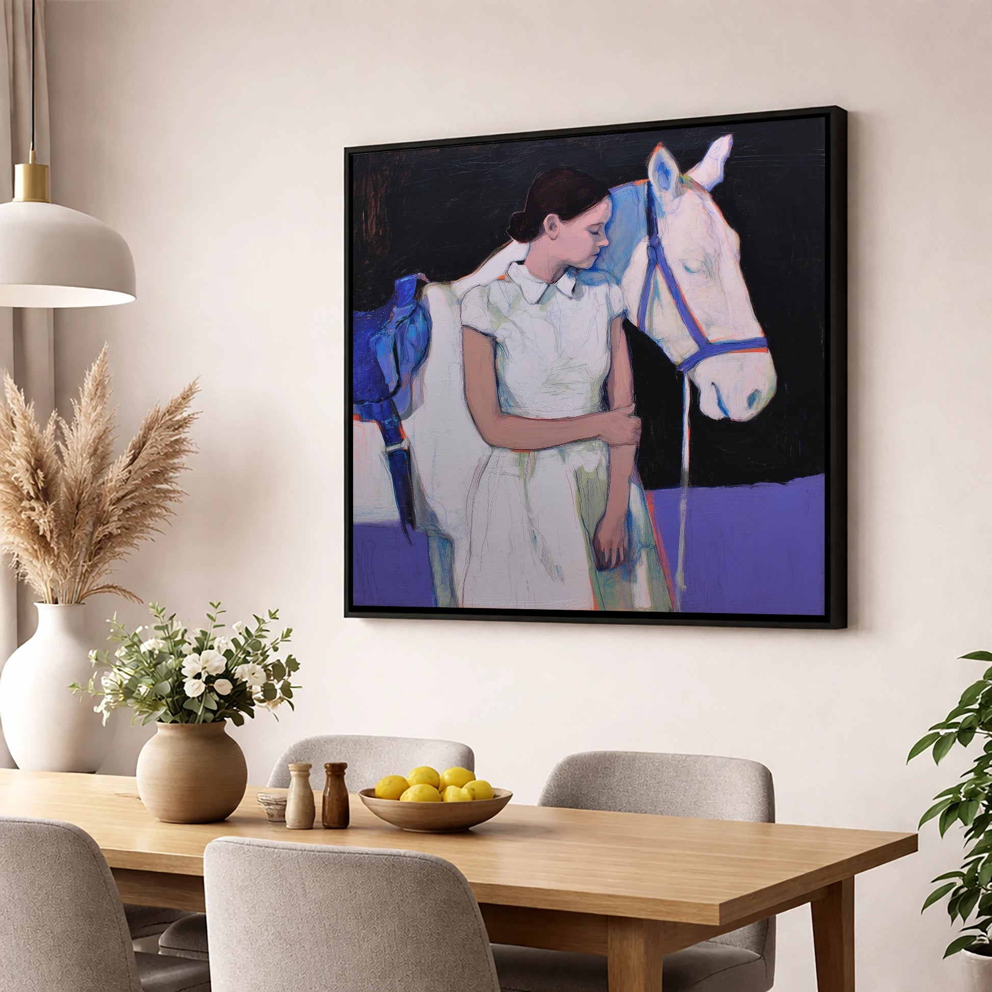 The Indigo Bond horse & rider wall art displayed in a dining room