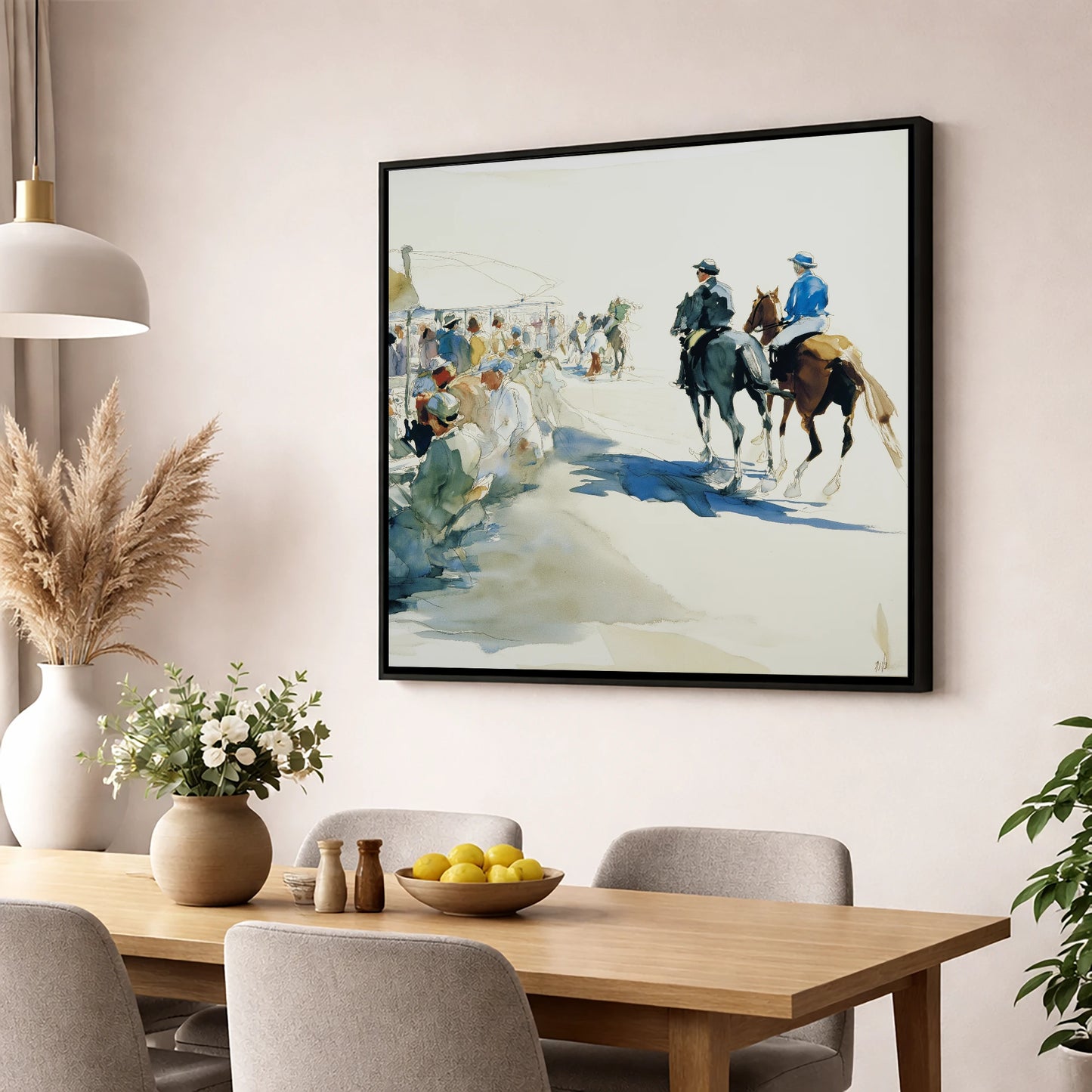 Leaving the Paddock racing horse wall art displayed in a dining room