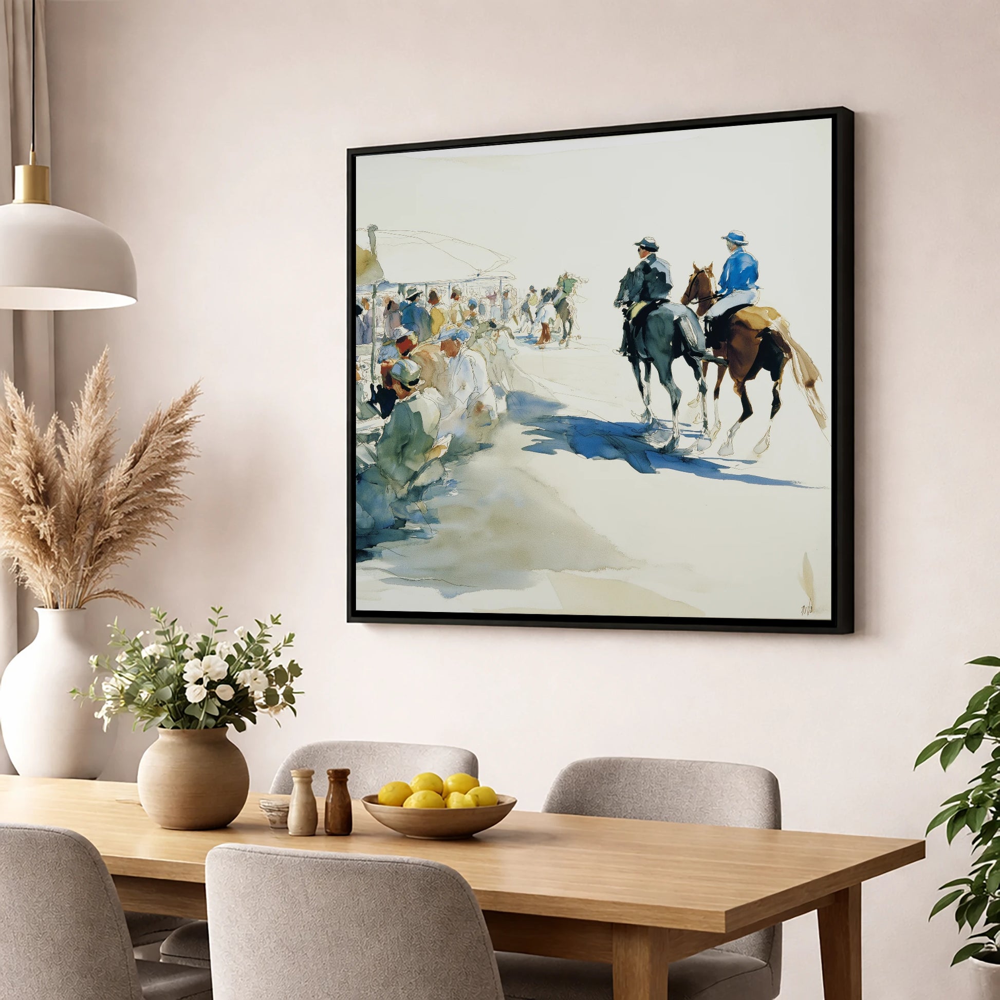 Leaving the Paddock racing horse wall art displayed in a dining room