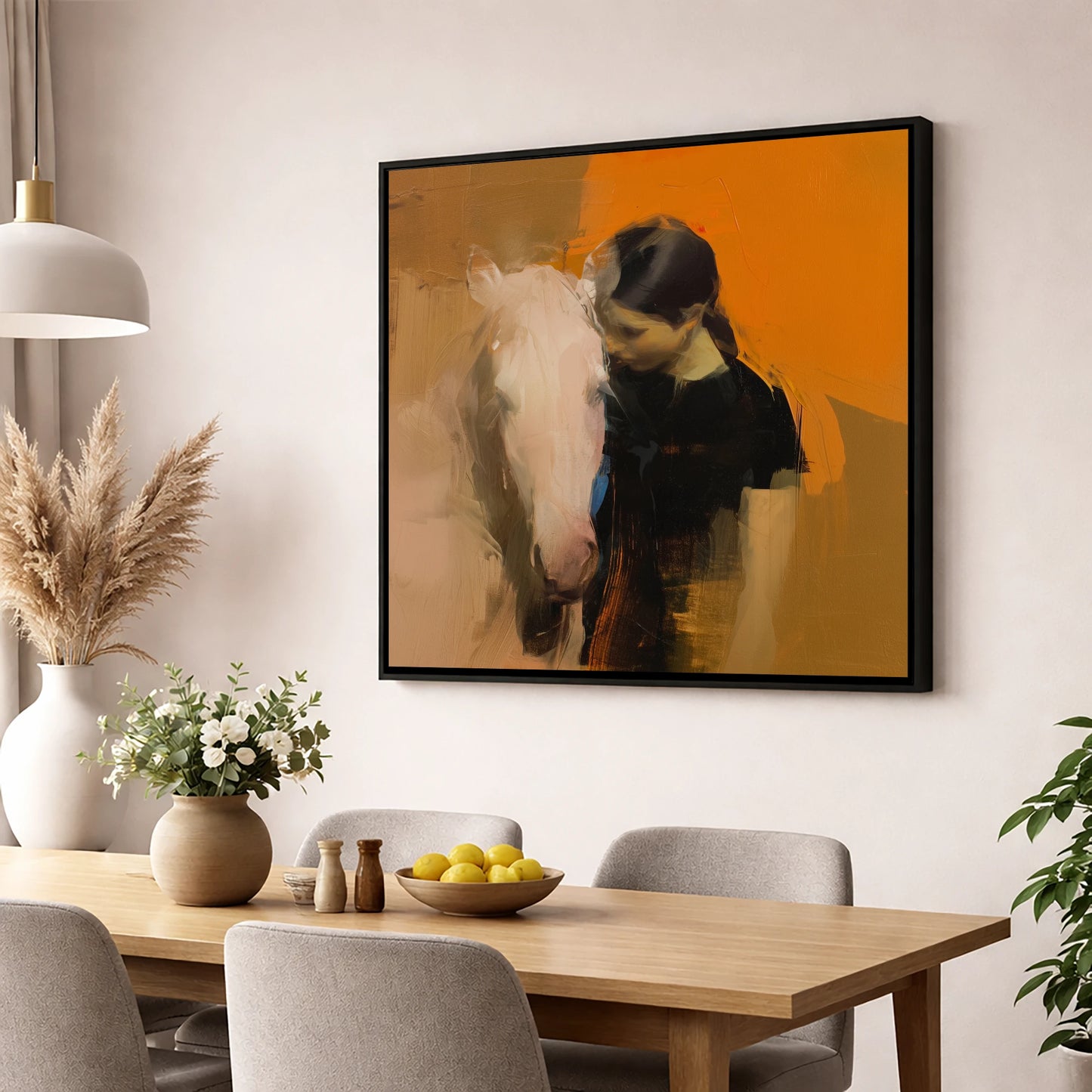 Unspoken Bond horse & rider wall art displayed in a dining room