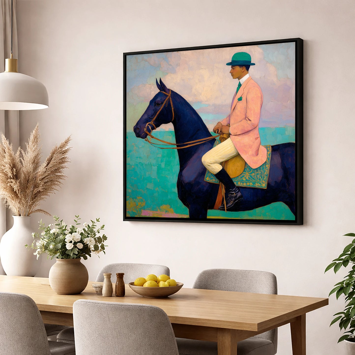 The Vivid Rider racing horse wall art displayed in a dining room