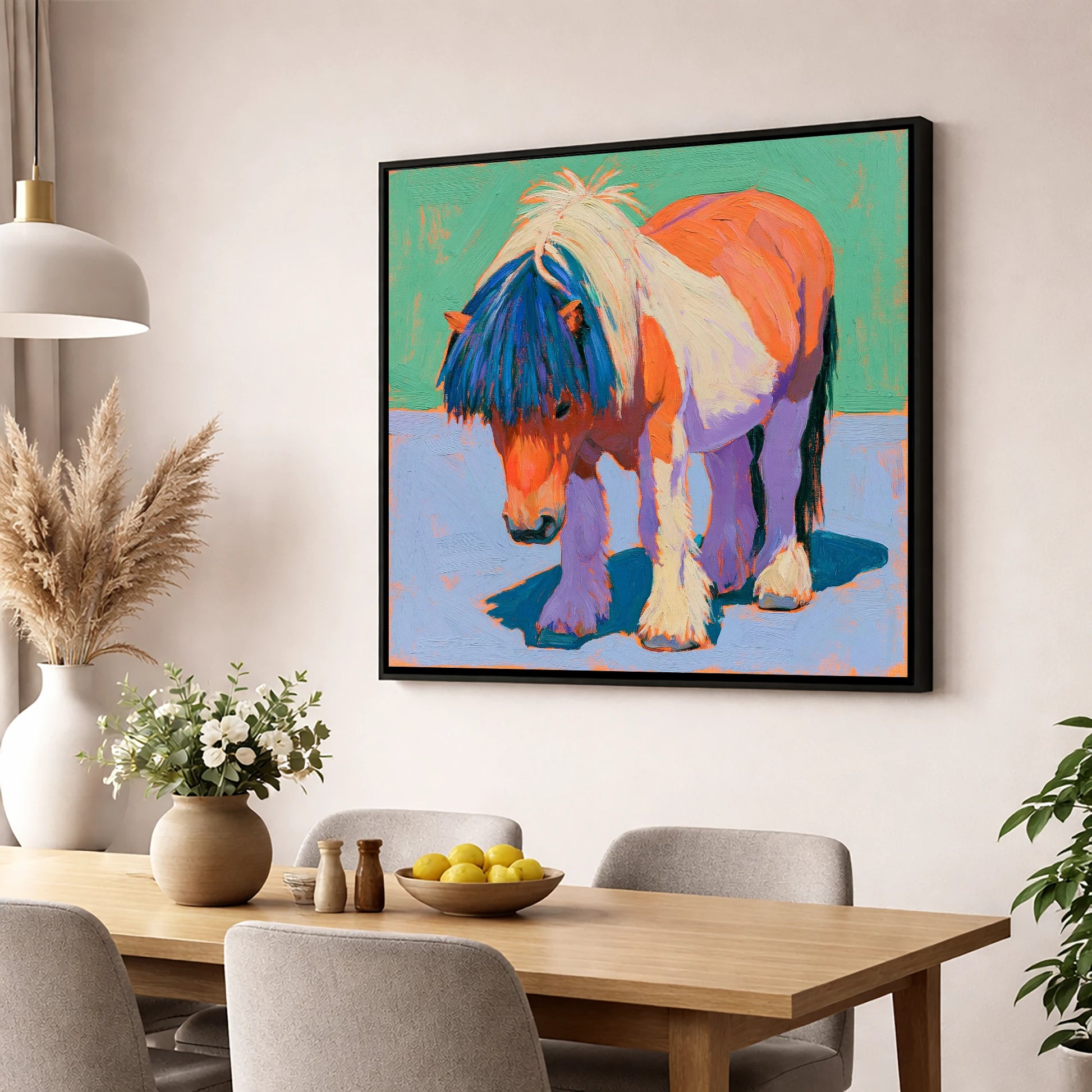 Shetland Pony In Vivid Colours horse breed wall art displayed in a dining room