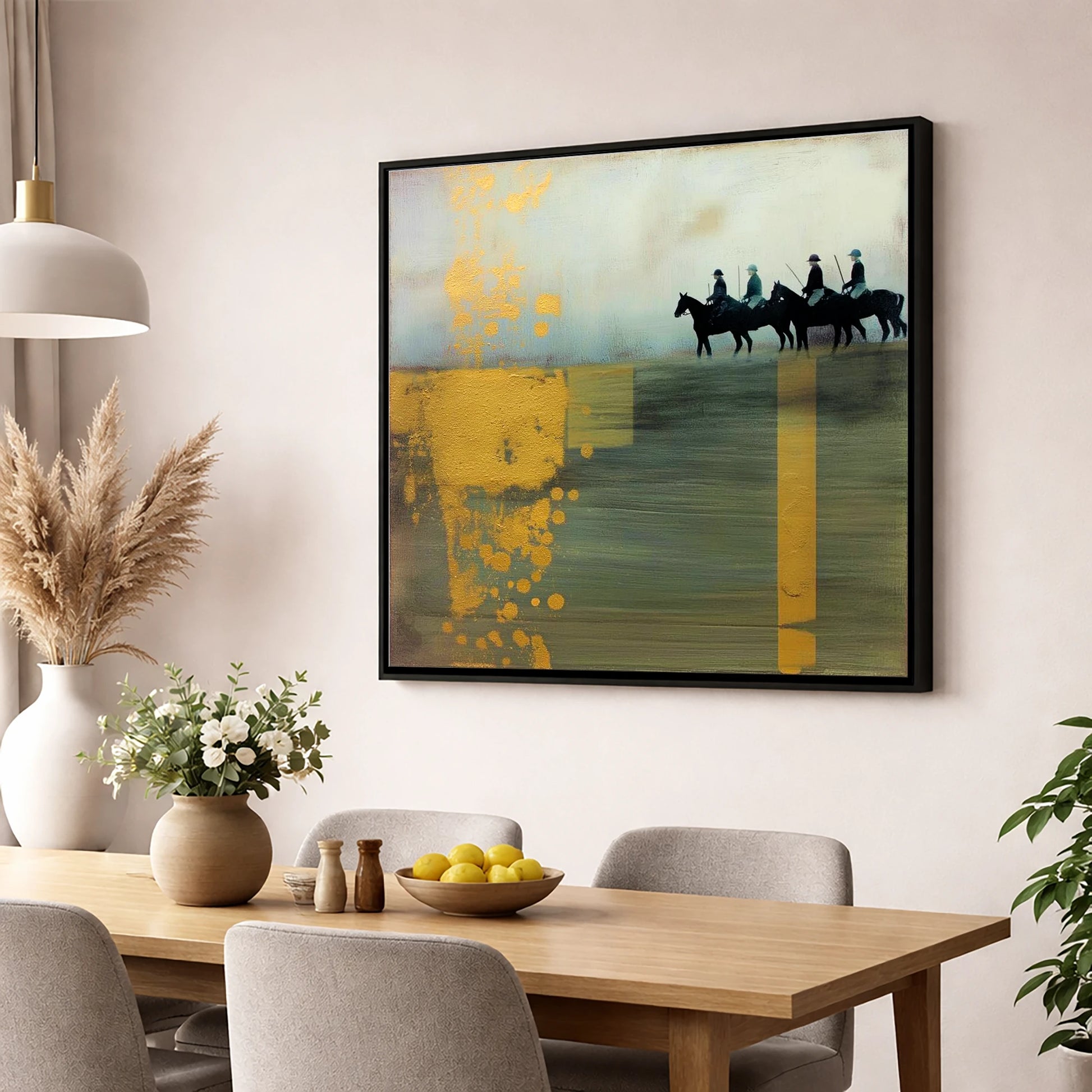 The Gilded Chukka polo horse wall art displayed in a dining room