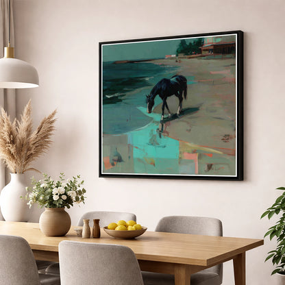 Coastal Solitude horse landscape wall art displayed in a dining room
