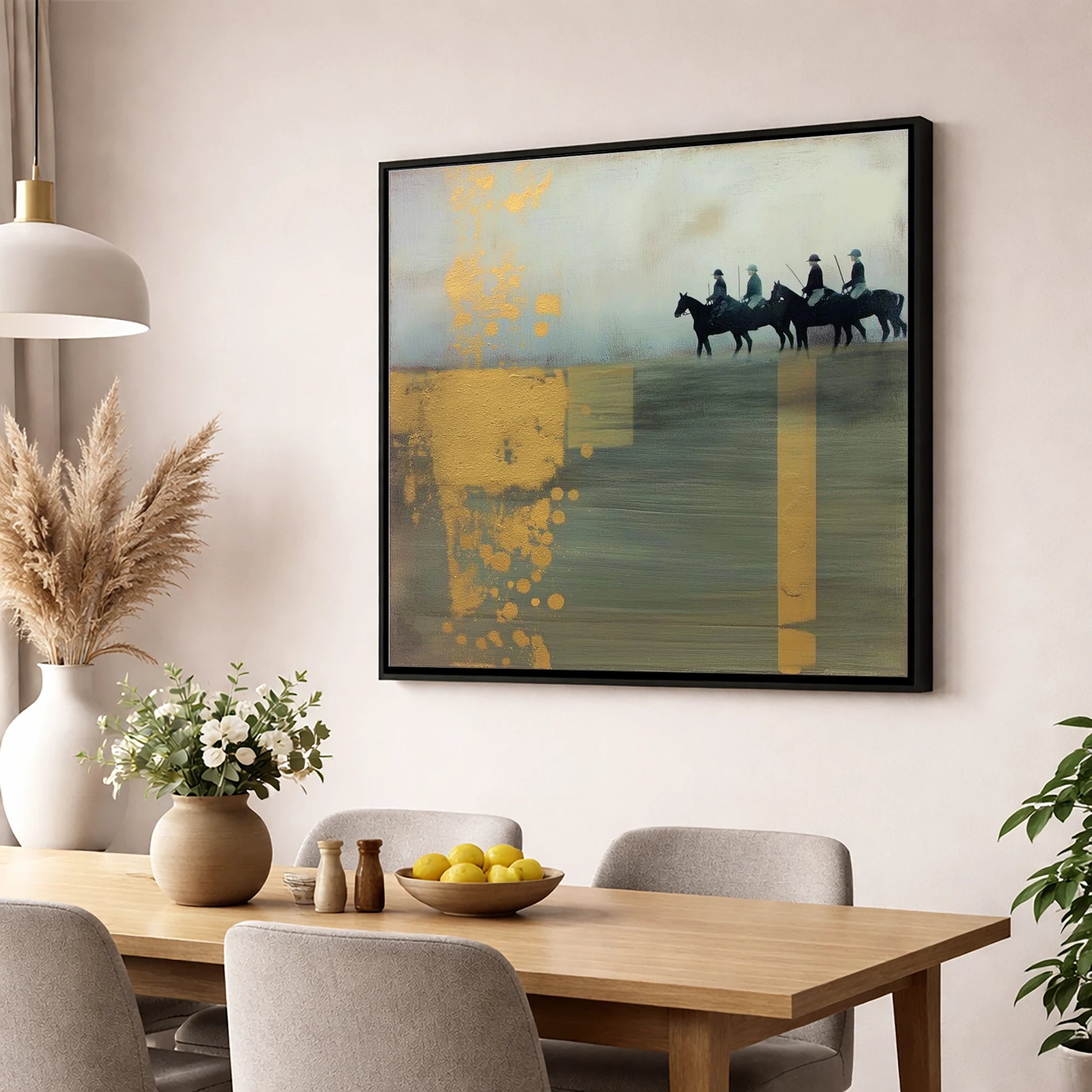 The Gilded Chukka polo horse wall art displayed in a dining room